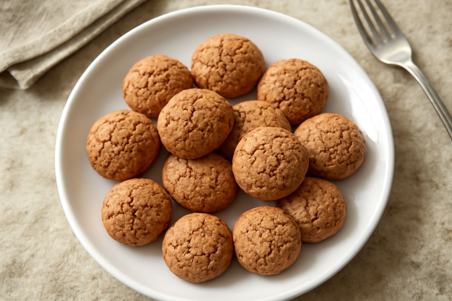 Una dozzina di amaretti color nocciola disposti su carta forno, con superficie screpolata, seduti su un piatto bianco accanto a mandorle sgusciate sparse