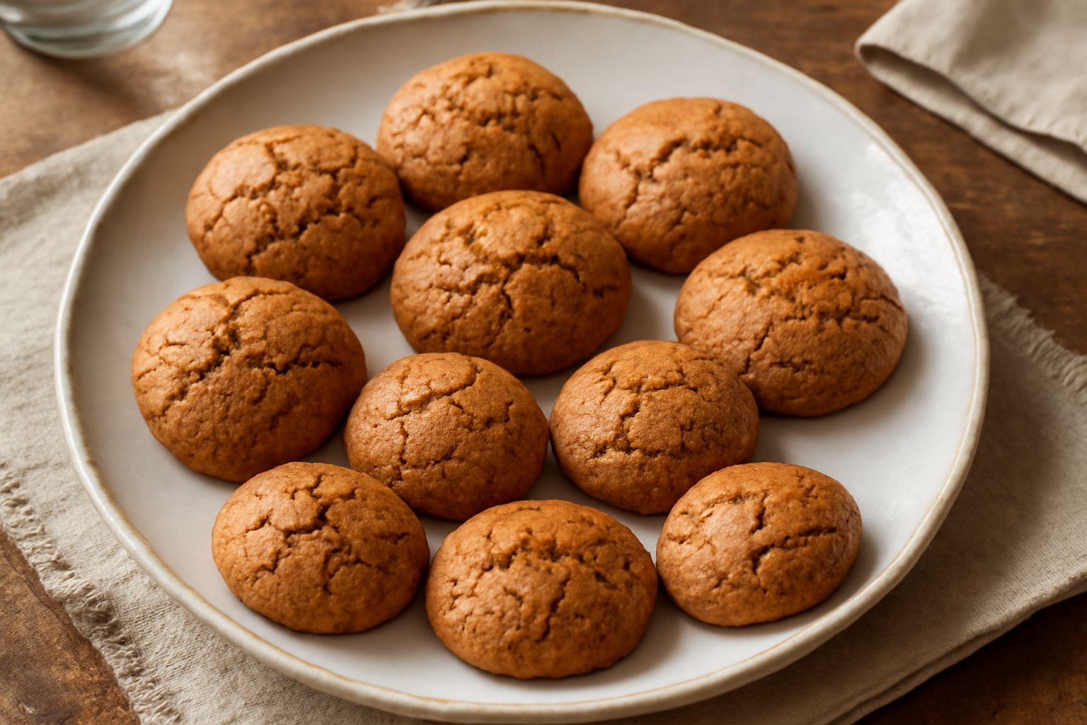 Amaretti dorati e croccanti disposti su una carta bianca, superficie rugosa e screpolata caratteristica, colore nocciola intenso, alcuni leggermente incrinati, in luce naturale