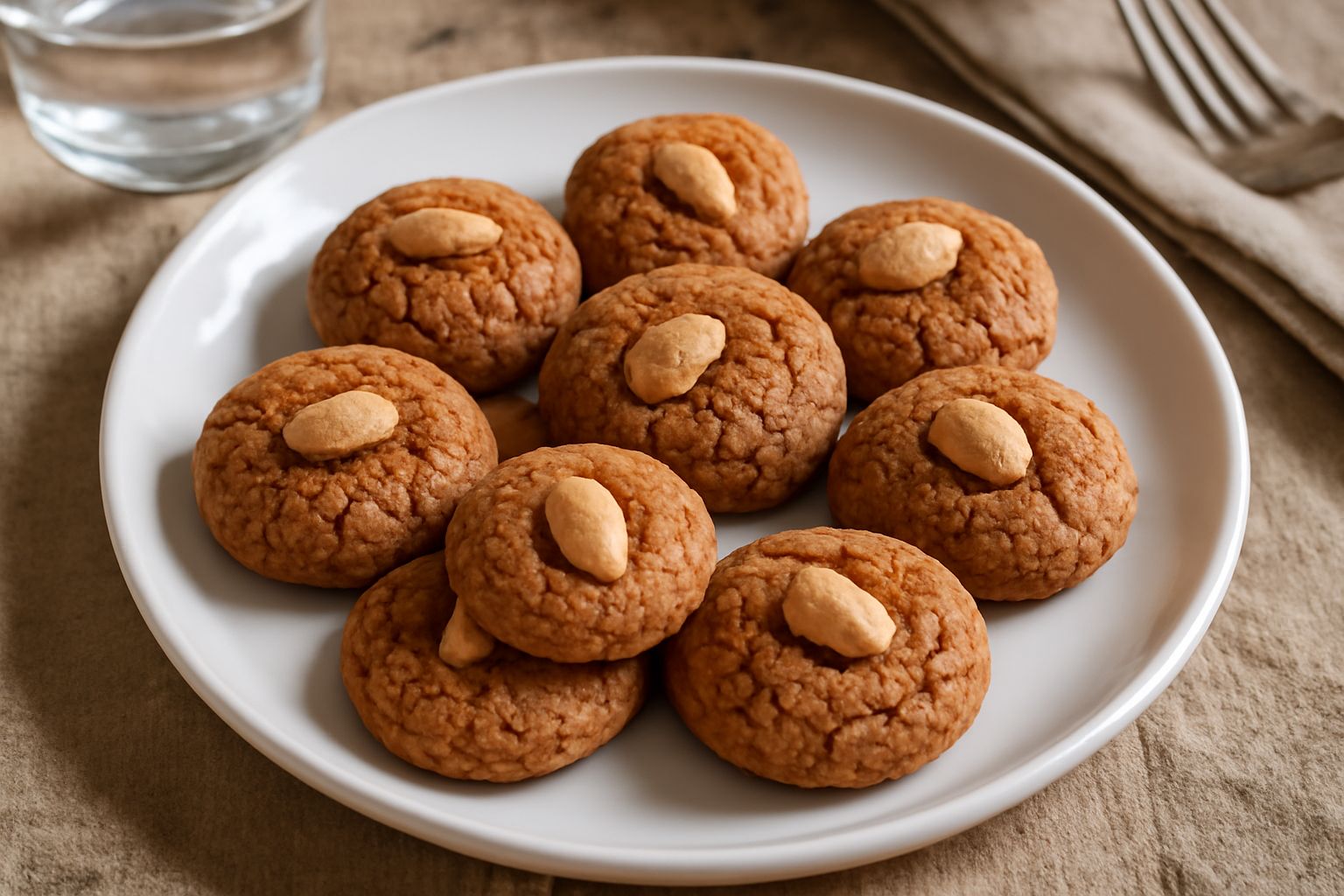 Amaretti di Sorrento disposti su carta bianca: biscotti tondi color nocciola scuro, con superficie screpolata e lievemente dorata, con mandorle intere in cima