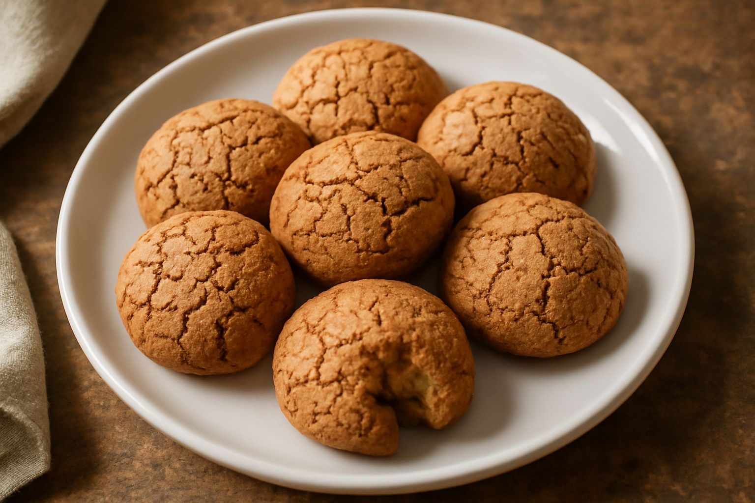 Amaretti di Terni dorati e croccanti disposti su un piatto di ceramica bianca, con superficie rugosa e screpolata, in controluce che mostra la trasparenza dello zucchero cristallizzato