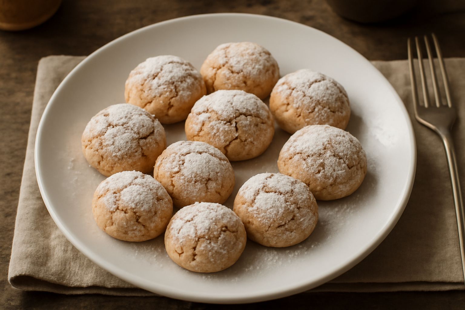 Amaretti di Vigevano disposti su una carta da forno bianca, con superficie dorata e screpolata, costellata di zucchero a velo, in primo piano due biscotti interi e uno spezzato che mostra l interno ch