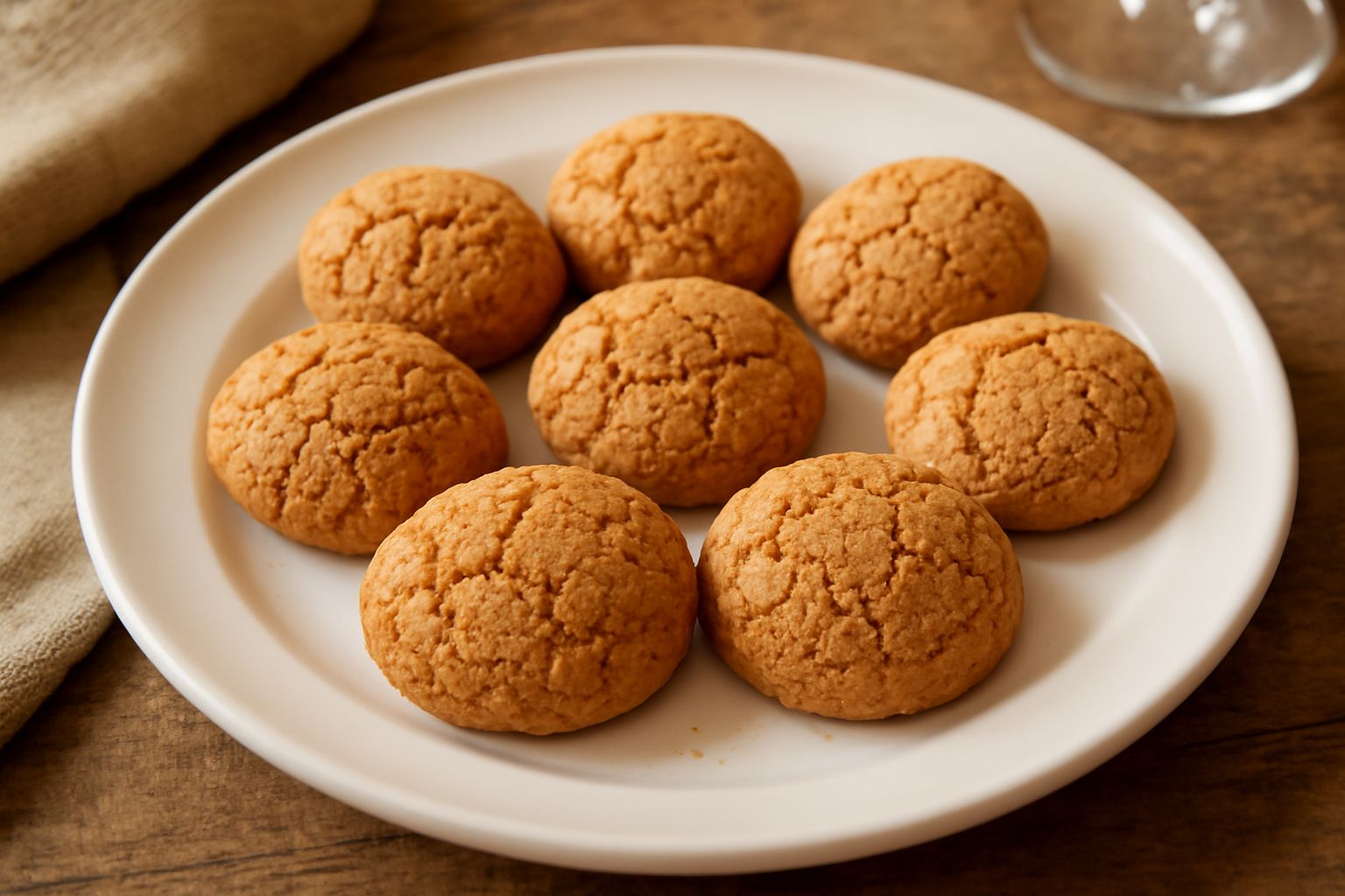 Amaretti rotondi e screpolati in superficie, dorati, disposti su un piatto bianco. La texture ruvida e screpolata è ben visibile. Sullo sfondo una tazza di caffè sfocata.