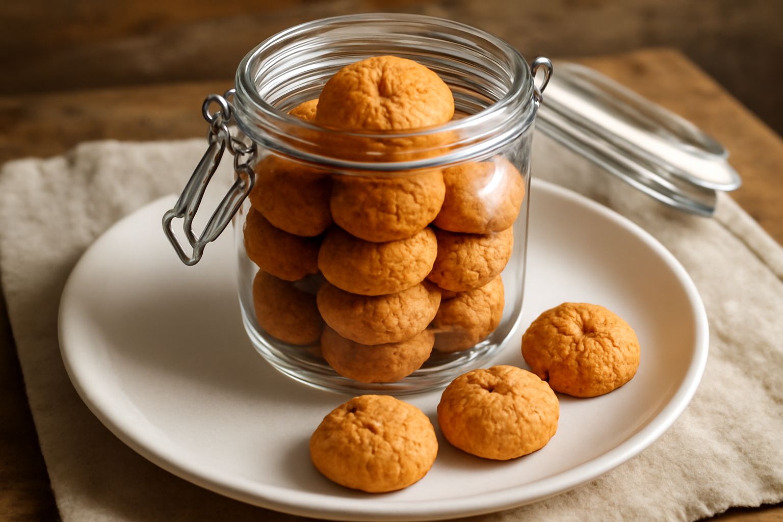 Amaretti dorati e croccanti disposti in un barattolo di vetro trasparente con coperchio a vite, alcuni poggiati a fianco su un piatto bianco. Sfondo neutro.