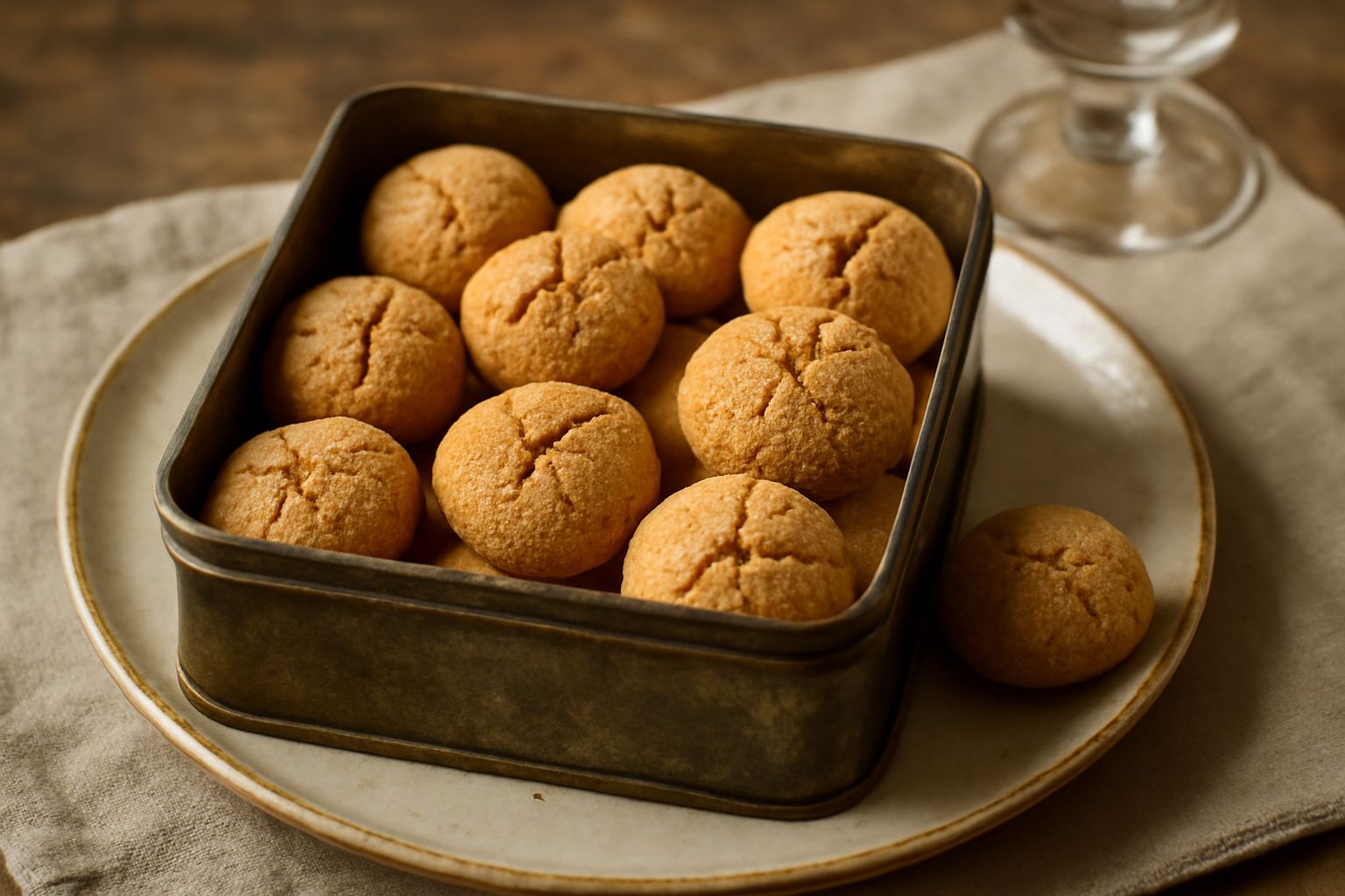 Amaretti rotondi e dorati in una scatola di latta vintage, con carta pergamena bianca tra i biscotti, su un piano di legno chiaro. Alcuni amaretti disposti accanto con mandorle sgusciate intorno.