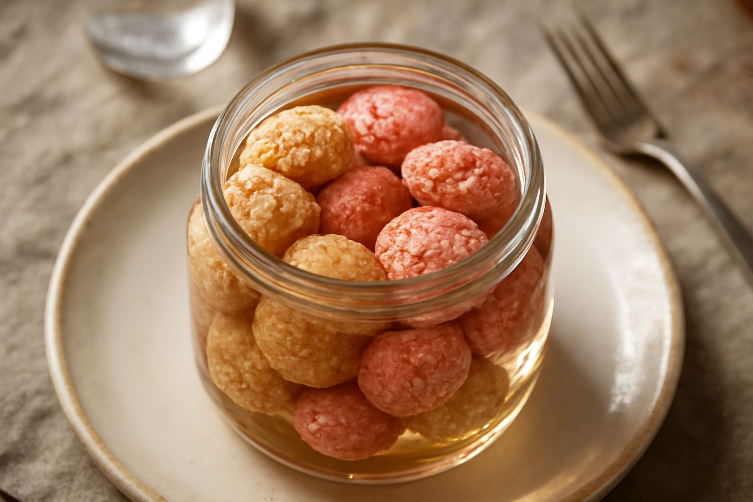 Vasetto di vetro trasparente contenente amaretti bianchi e rosati immersi in sciroppo trasparente, con granelli di zucchero visibili sulla superficie dei biscotti e sciroppo brillante intorno, sfondo 