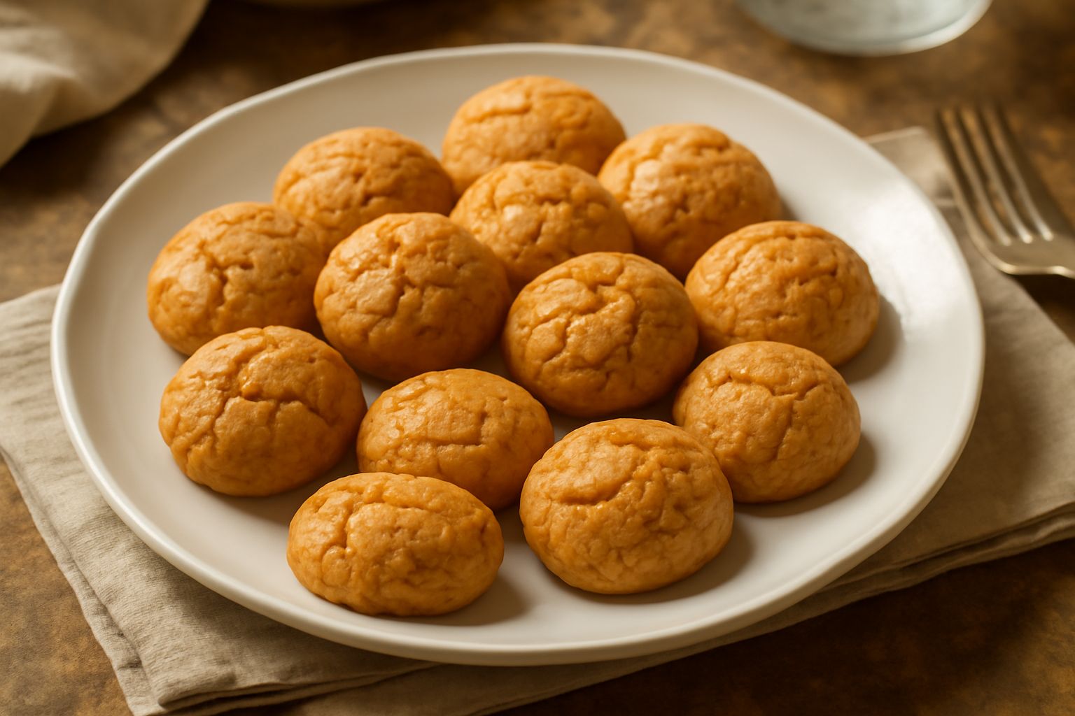 Una dozzina di amaretti leccesi dorati e croccanti impilati su un piatto bianco, con incrinature naturali sulla superficie, mandorle sgusciate crude vicino, fondo chiaro in legno naturale