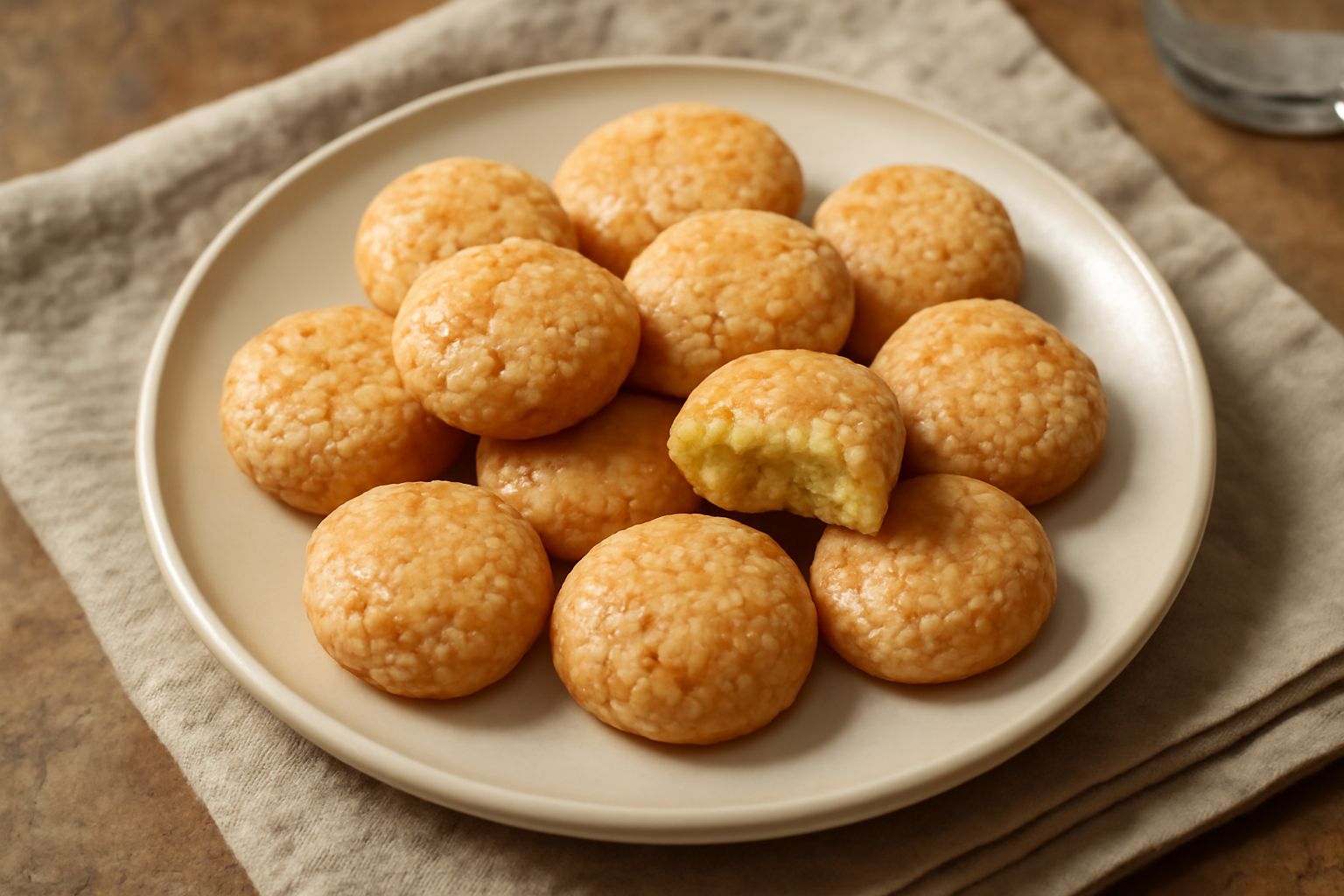 Amaretti molisani dorati e croccanti disposti su una superficie di marmo bianco, con una mandorla intera accanto, sfondo sfocato con polvere di zucchero
