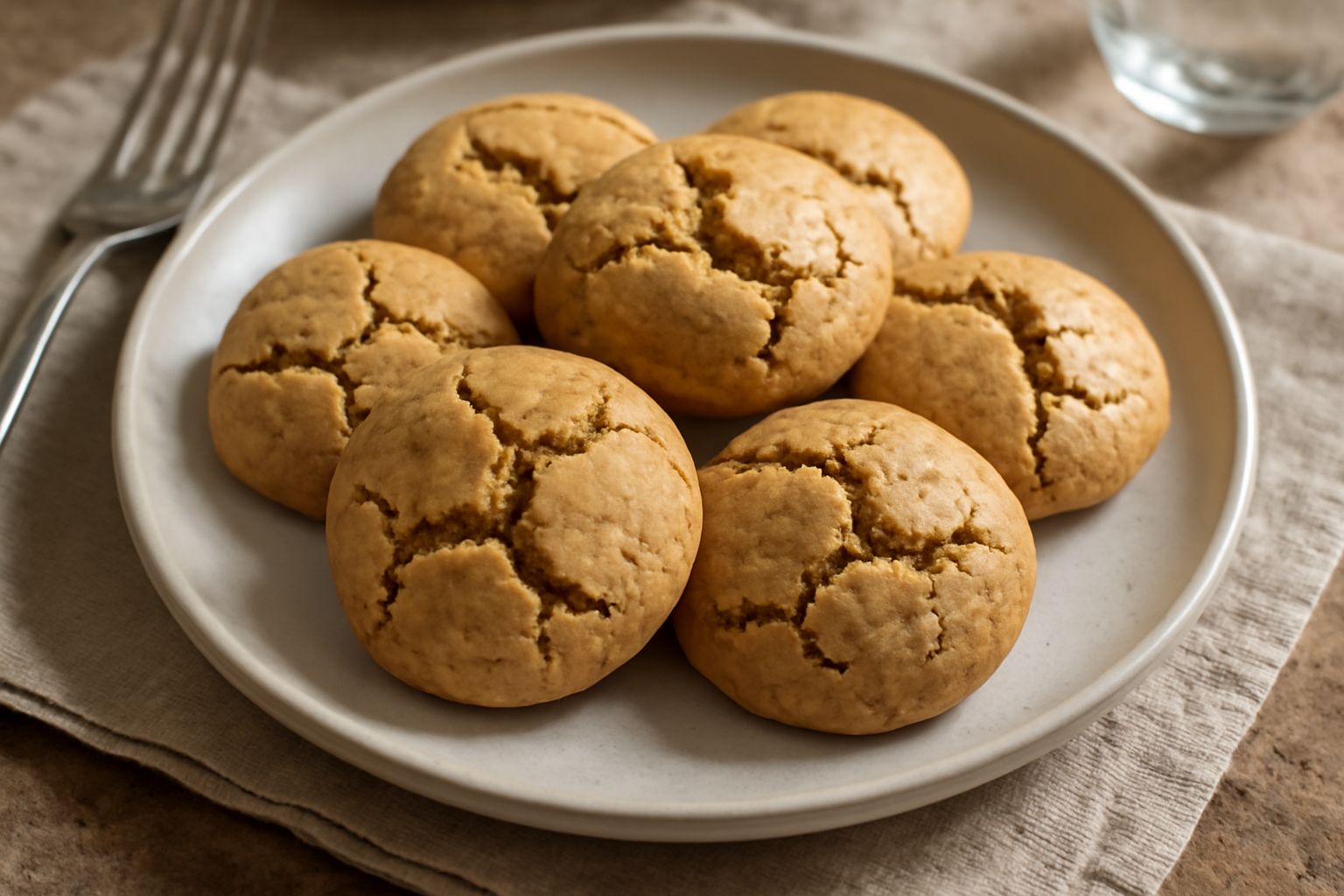 Amaretti reggini dorati e screpolati sulla superficie, disposti su una teglia di carta da forno bianca, con il caratteristico aspetto frantumato al vertice e la mandorla intera sulla base