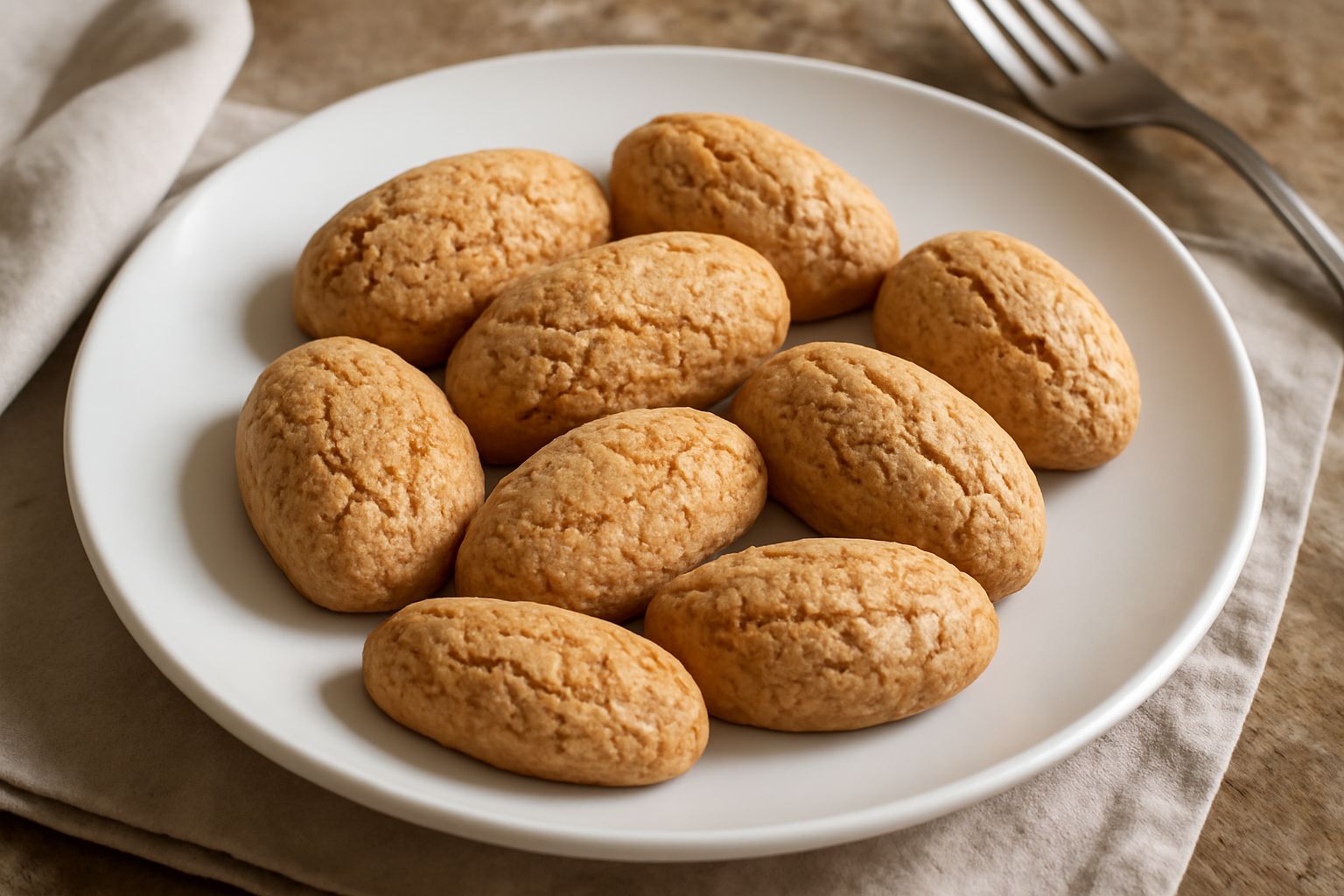 Una dozzina di amaretti sardi poggiati su carta da forno bianca, color nocciola dorato con superficie screpolata leggermente friabile, disposti in fila ordinata su fondo in legno naturale con qualche 