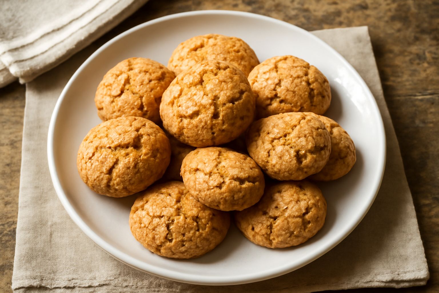 Amaretti siciliani dorati e croccanti disposti su un piatto bianco, con superficie rugosa e screpolata, al centro un biscotto spezzato in due che mostra la consistenza morbida all'interno