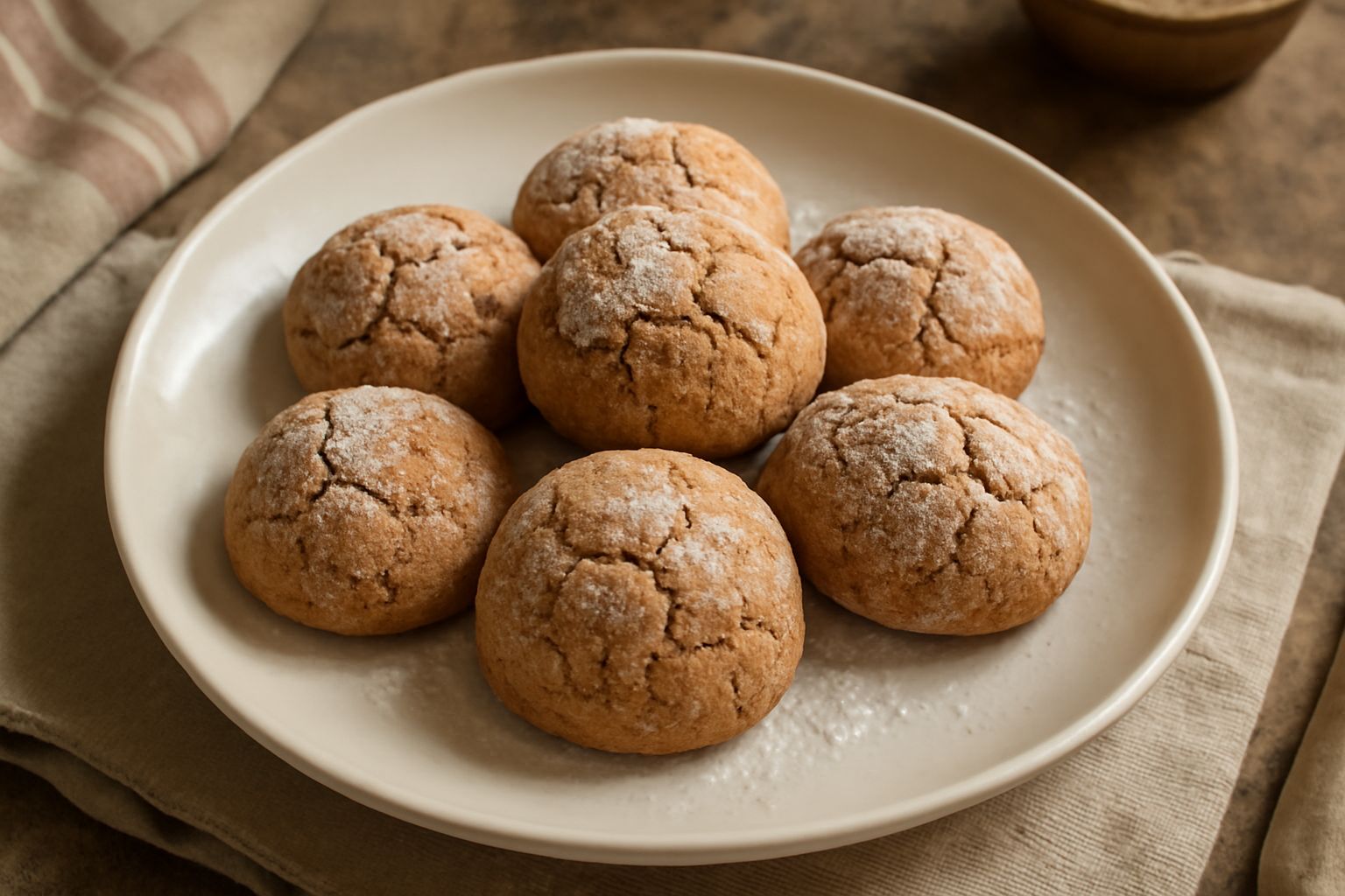 Amaretti sorrentini disposti su un piatto bianco, di forma arrotondata e ricurva, con superficie screpolata color nocciola e leggermente polverosi di zucchero