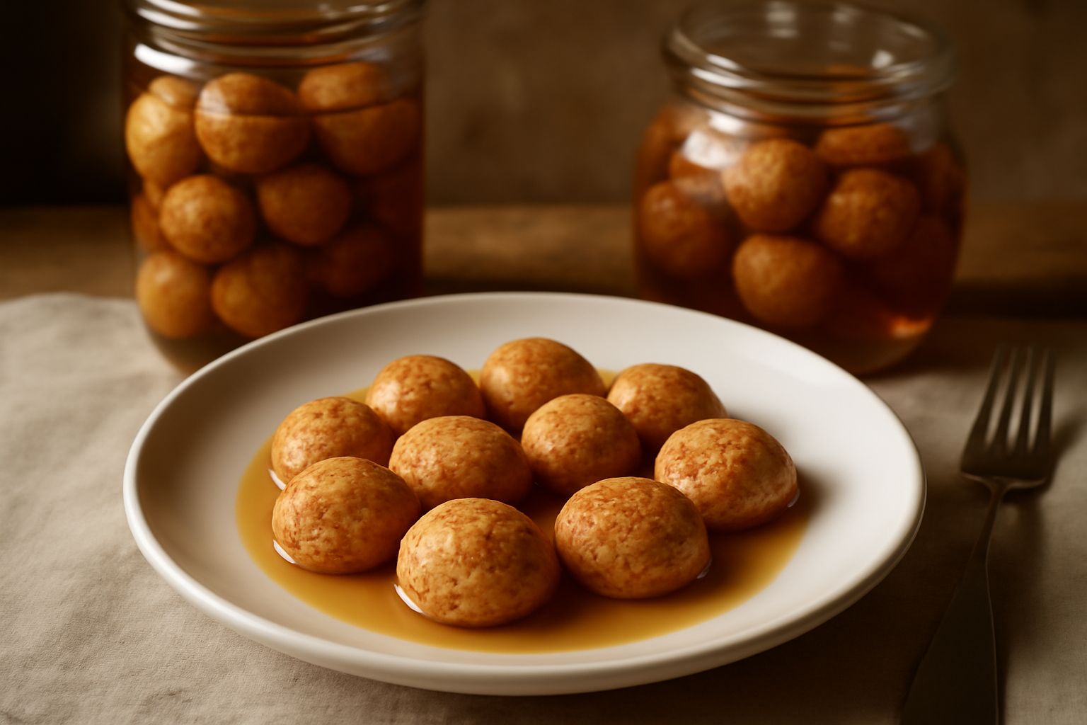 Barattolo di vetro trasparente pieno di amaretti dorati e croccanti immersi in liquore ambrato, biscotti visibili attraverso il vetro, etichetta artigianale, sfondo neutro chiaro