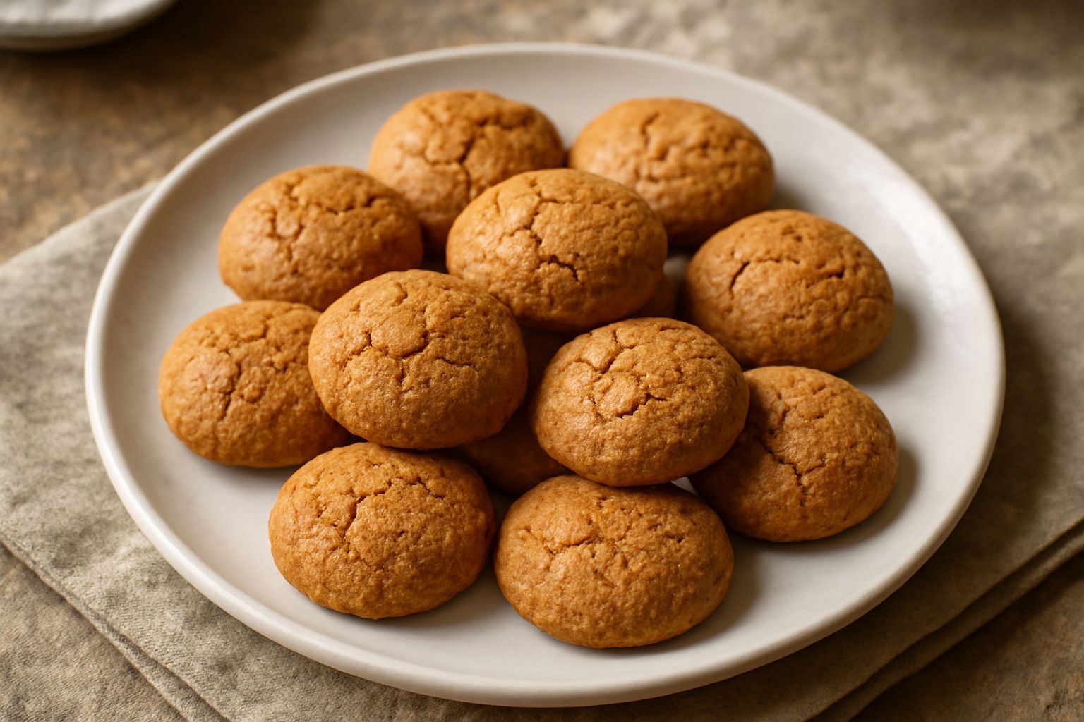 Amaretti toscani dorati e croccanti ammassati in una ciotola di ceramica bianca, con crepe caratteristiche sulla superficie e mandorle sgusciate sparse intorno