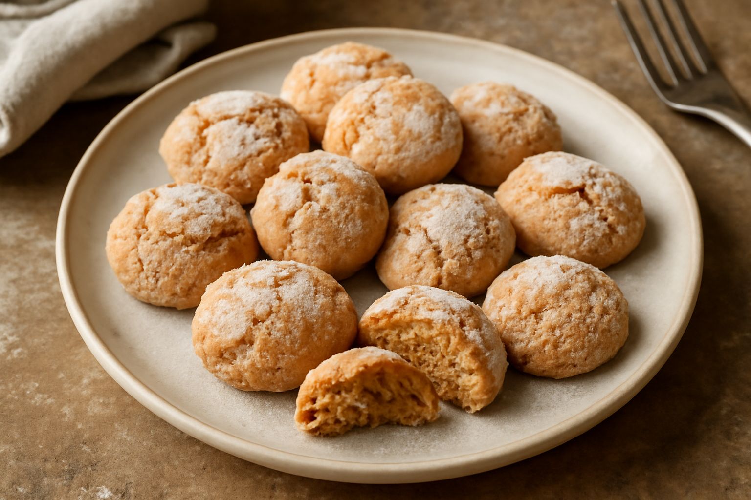 Amaretti trentini disposti su una carta da forno, con la tipica screpolatura in superficie, colore nocciola dorato, polvere di zucchero sugli spigoli e un biscotto spezzato che mostra l'interno morbid
