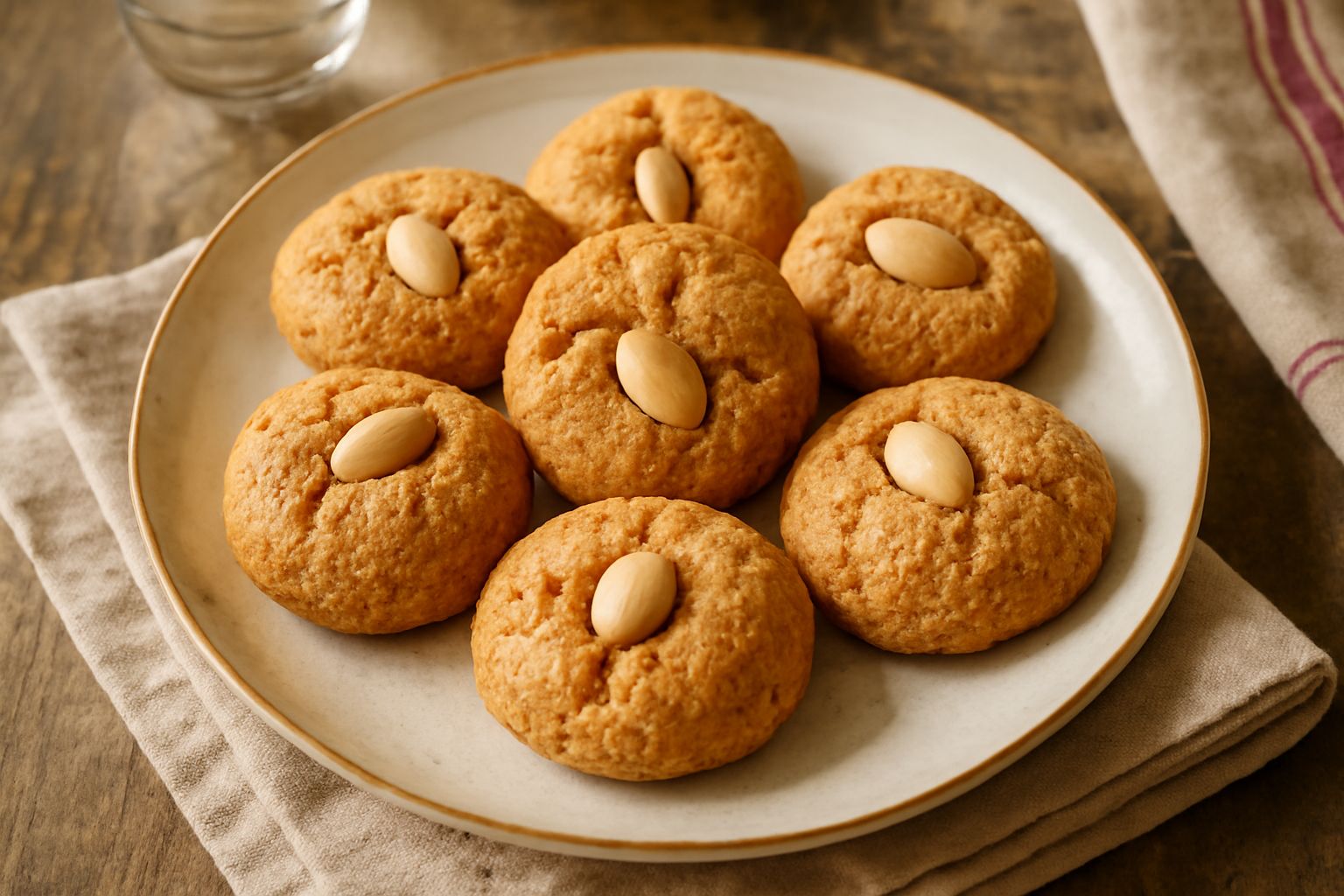 Amaretti vibonesi disposti su una carta forno beige, biscotti dorati con superficie screpolata, mandorle visibili sulla parte superiore, luce naturale che evidenzia i colori ambrati e le crepe caratte