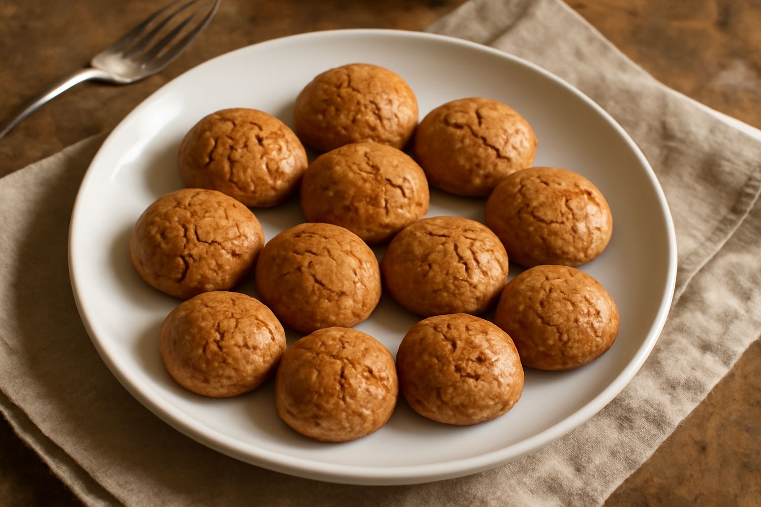 Una coppia di amaretti color nocciola con superficie croccante e screpolata, disposti su carta forno, con frammenti di mandorla visibili e una leggera spaccatura centrale sul biscotto