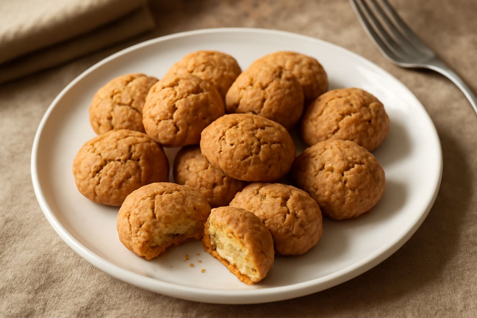 Amaretti calabresi dorati e screpolati disposti su una carta bianca, con texture ruvida e croccante, sfondo neutro