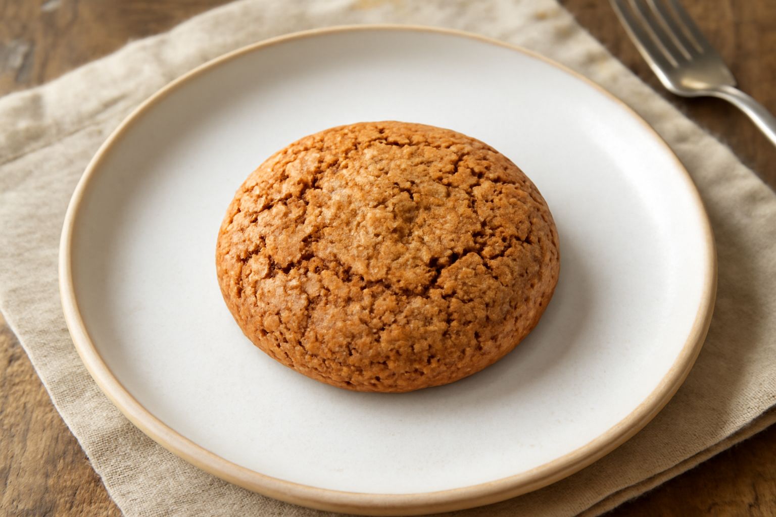 Amaretti di Saluzzo dorati e croccanti disposti su carta pergamena bianca, con texture ruvida e screpolature caratteristiche in superficie, fondo sfuocato di mandorle pelate