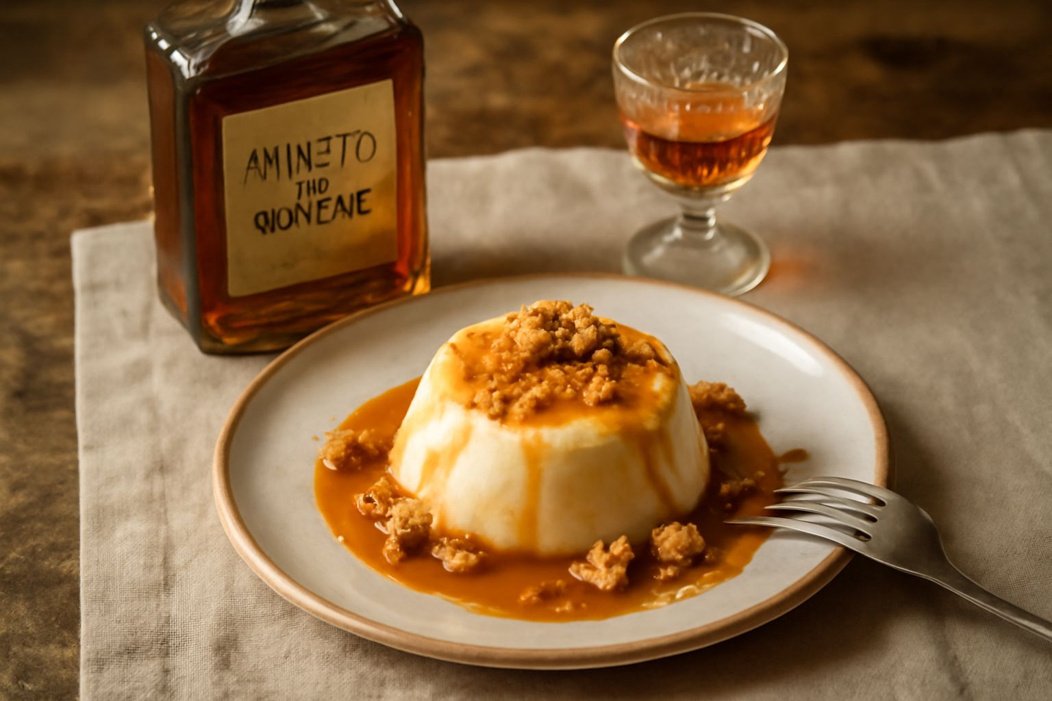 Bottiglia di Amaretto di Saronno con etichetta classica, circondata da biscotti amaretti, mandorle sgusciate, tazzina di caffè espresso e due bicchierini di cristallo con il liquore color ambrato