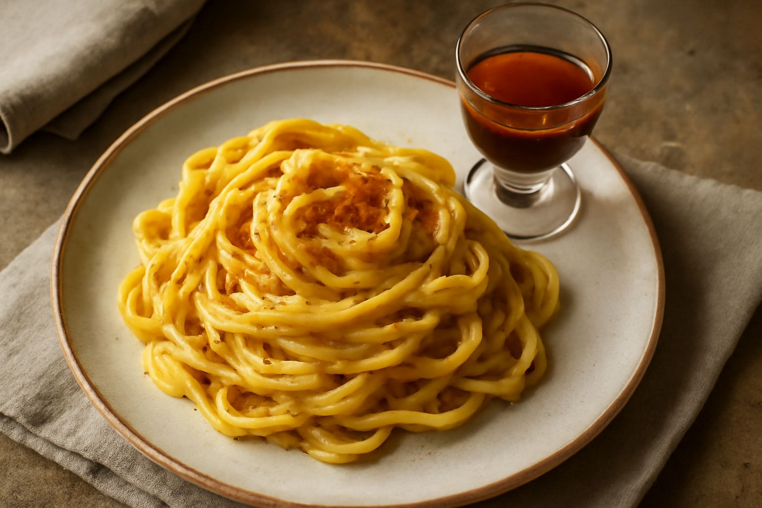 Bicchiere di amaretto di Saronno modenese color ambrato dorato, denso e cremoso, con mandorle intere sparse accanto su superficie bianca