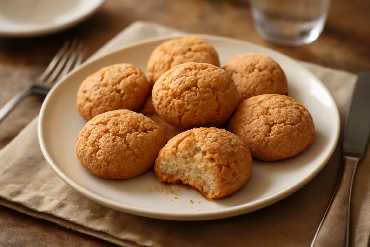 Amaretti spezzini dorati e friabili disposti su una superficie di lino bianco, con mandorle sbucciate e una tazza di tè sullo sfondo