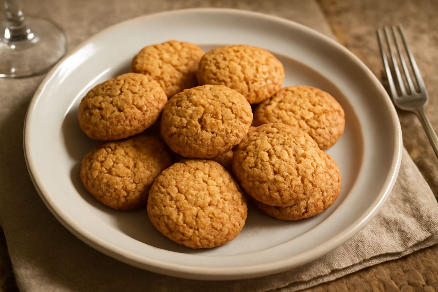Amaretti toscani dorati e croccanti impilati in coppia su un piatto bianco, con mandorle sgusciate accanto e zucchero a velo sparso sulla superficie