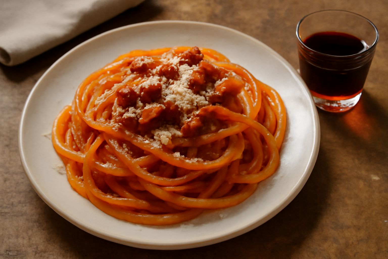 Bicchiere di vetro trasparente con amaro abruzzese color ambra scuro, servito a temperatura ambiente, con una bottiglia di vetro scuro sullo sfondo e erbe secche sparse accanto