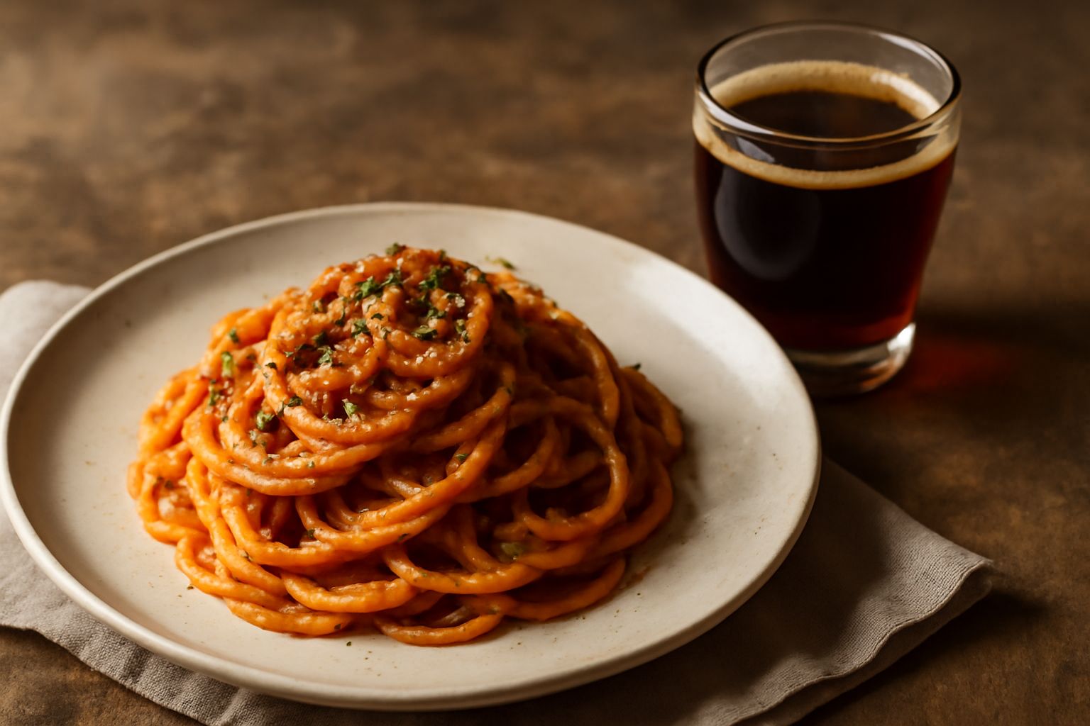Bicchiere di cristallo con amaro ambrato scuro, servito a temperatura ambiente, accanto a una bottiglia di vetro scuro con tappo di sughero, su uno sfondo di erbe secche: camomilla, assenzio, melissa 