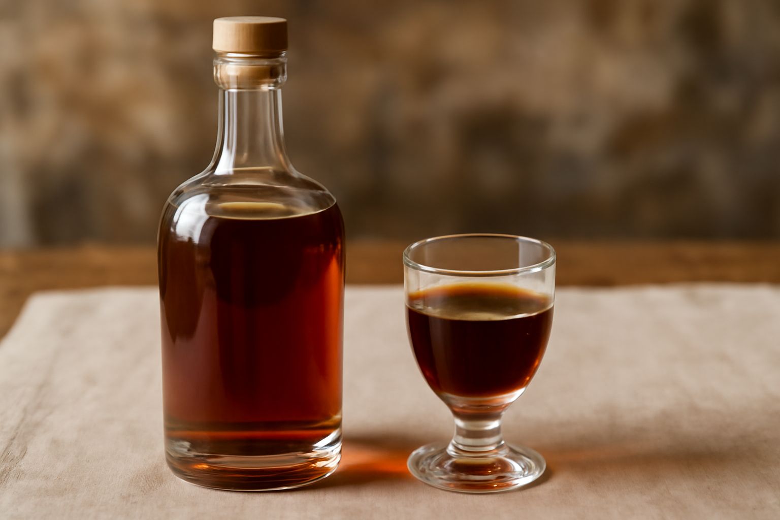 Bottiglia di vetro scuro piena di amaro liquido color ambrato trasparente, circondata da rami di alloro fresco, fiori secchi di camomilla e una manciata di bacche di mirto su un tavolo di legno natura