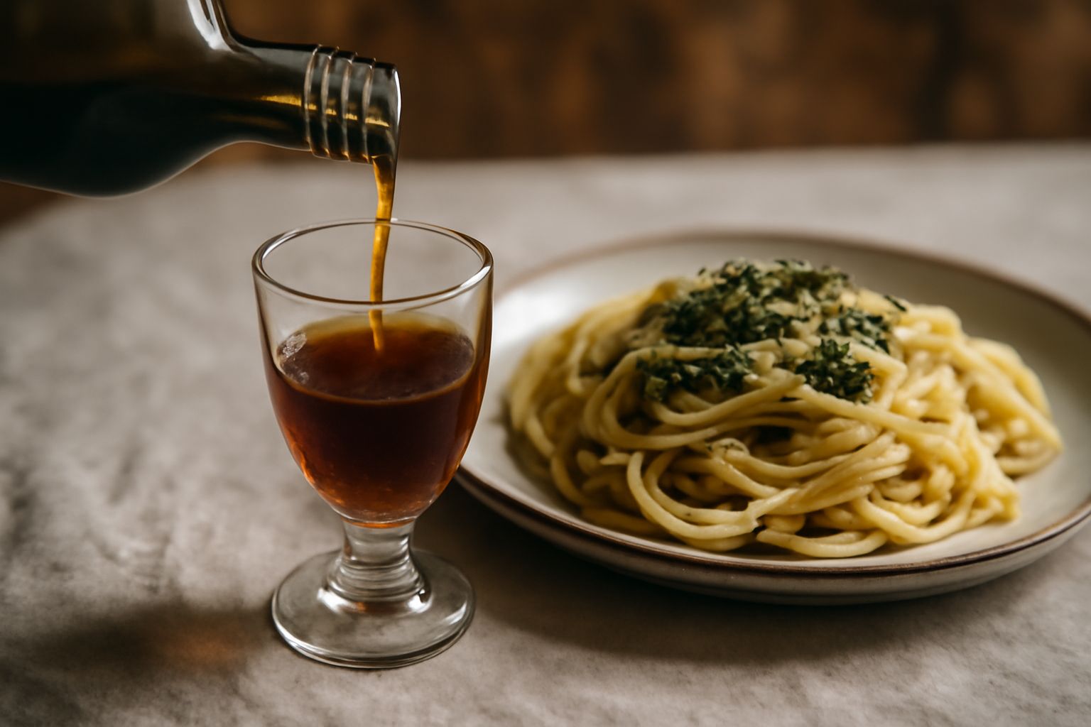 Bicchiere basso con liquore ambrato semitrasparente, fiori e foglie secche di erbe selvatiche sparse intorno, bottiglia scura in vetro opaco sullo sfondo, tavolo in legno naturale
