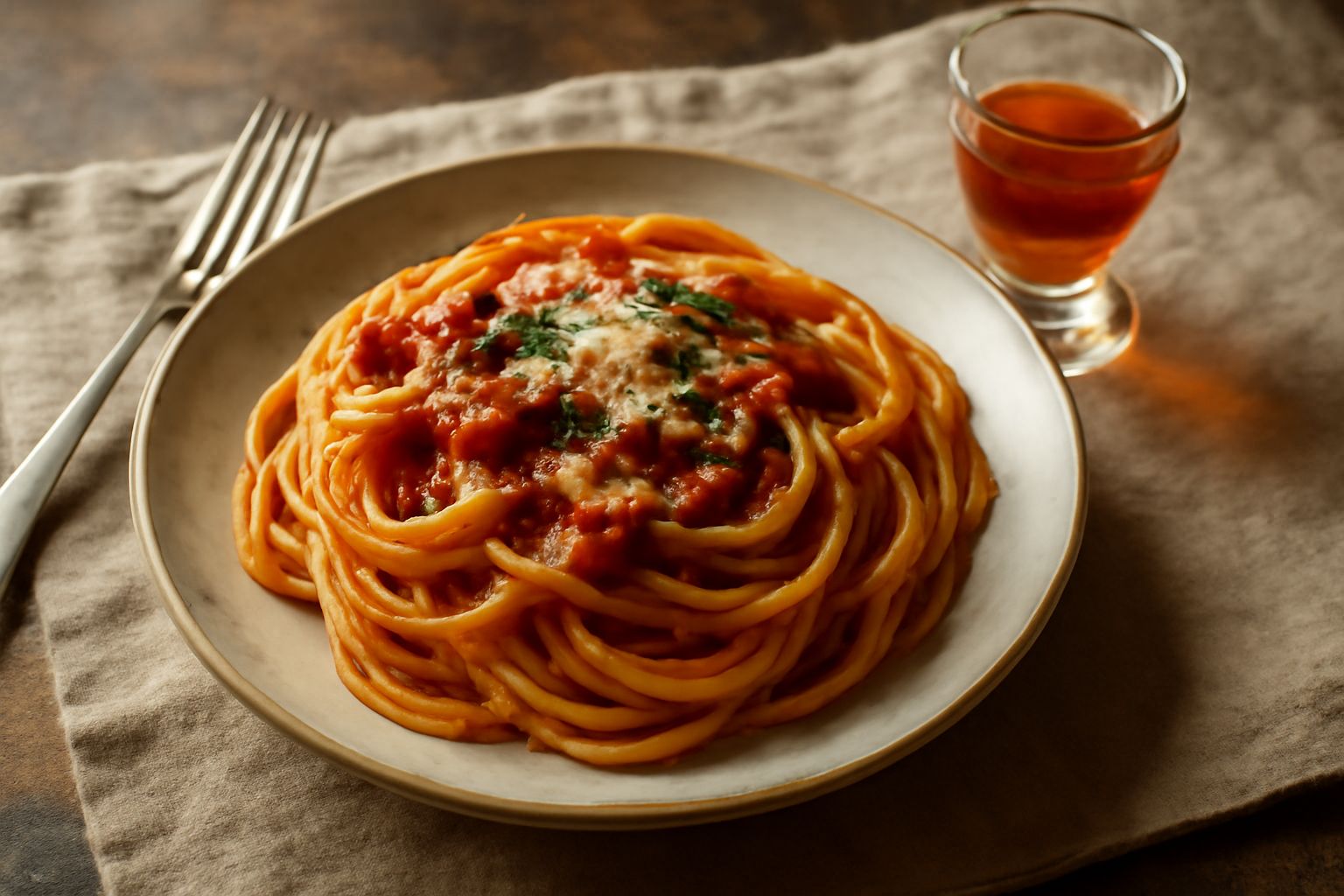 Bicchiere di cristallo con liquore ambrato trasparente, accanto a una bottiglia scura di vetro con etichetta, su fondo di legno con radici secche, corteccia e erbe aromatiche sparse