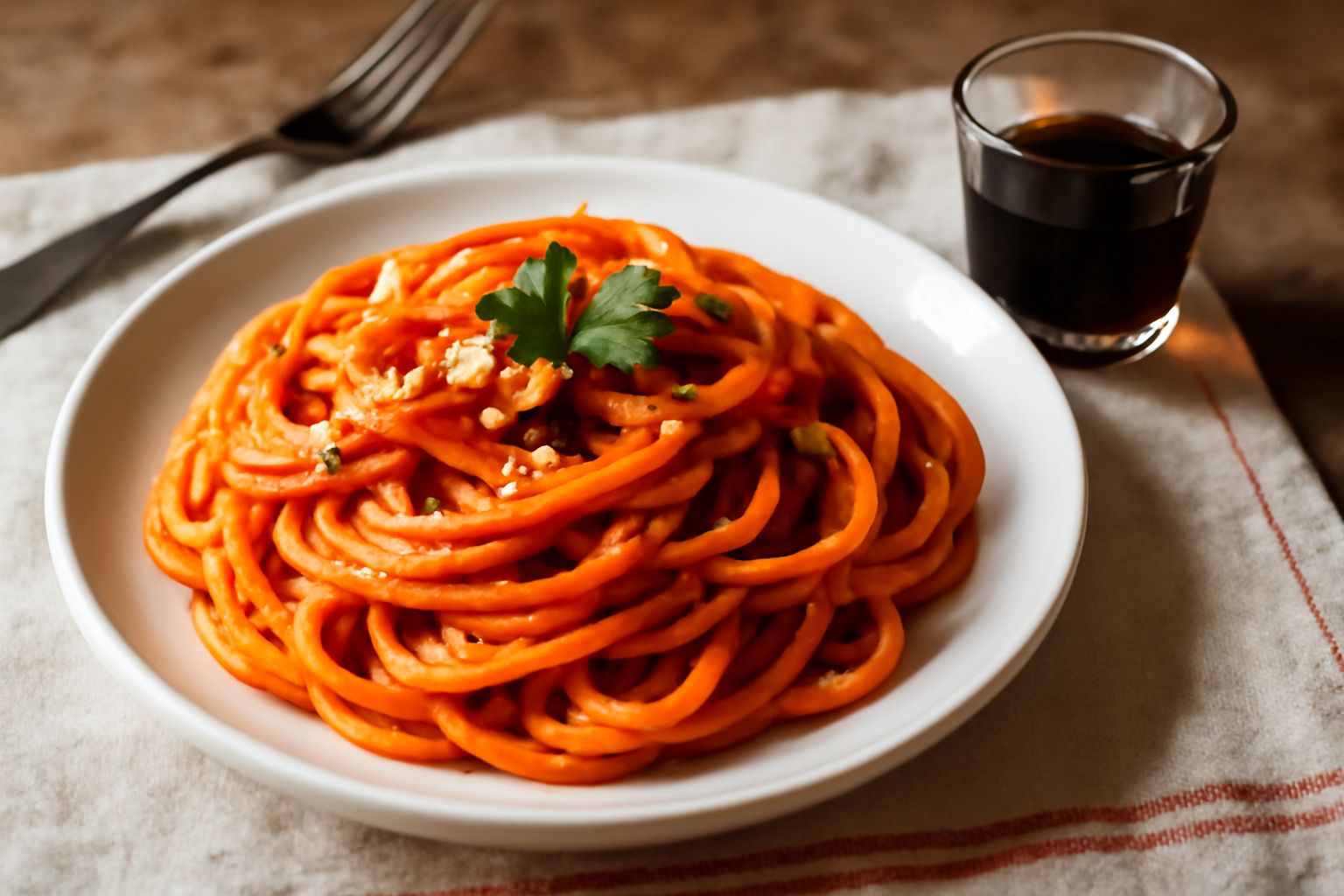 Bicchiere di amaro aquilano dal colore brunastro e trasparente, servito a temperatura ambiente su un tavolo di legno rustico, con accanto un fascio di erbe secche e una bottiglia di vetro scuro