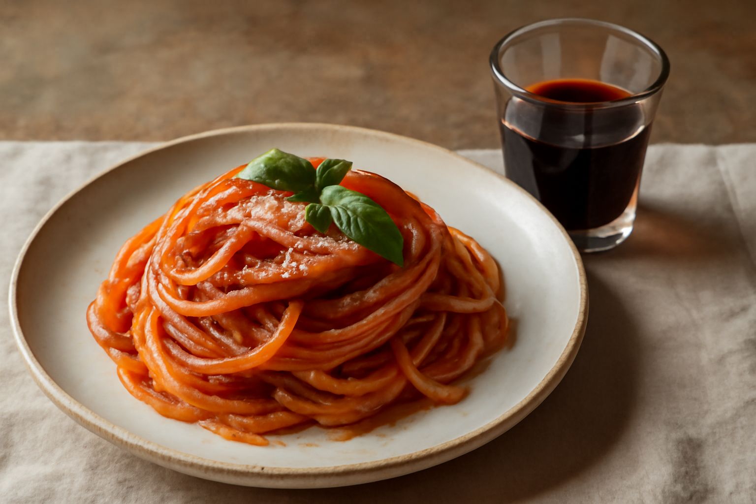 Bicchierino di Amaro Aretino di colore marrone scuro, semi-trasparente, servito in un calice a stelo sottile con una fettina di arancia secca a contorno, su una superficie in legno scuro accanto a erb