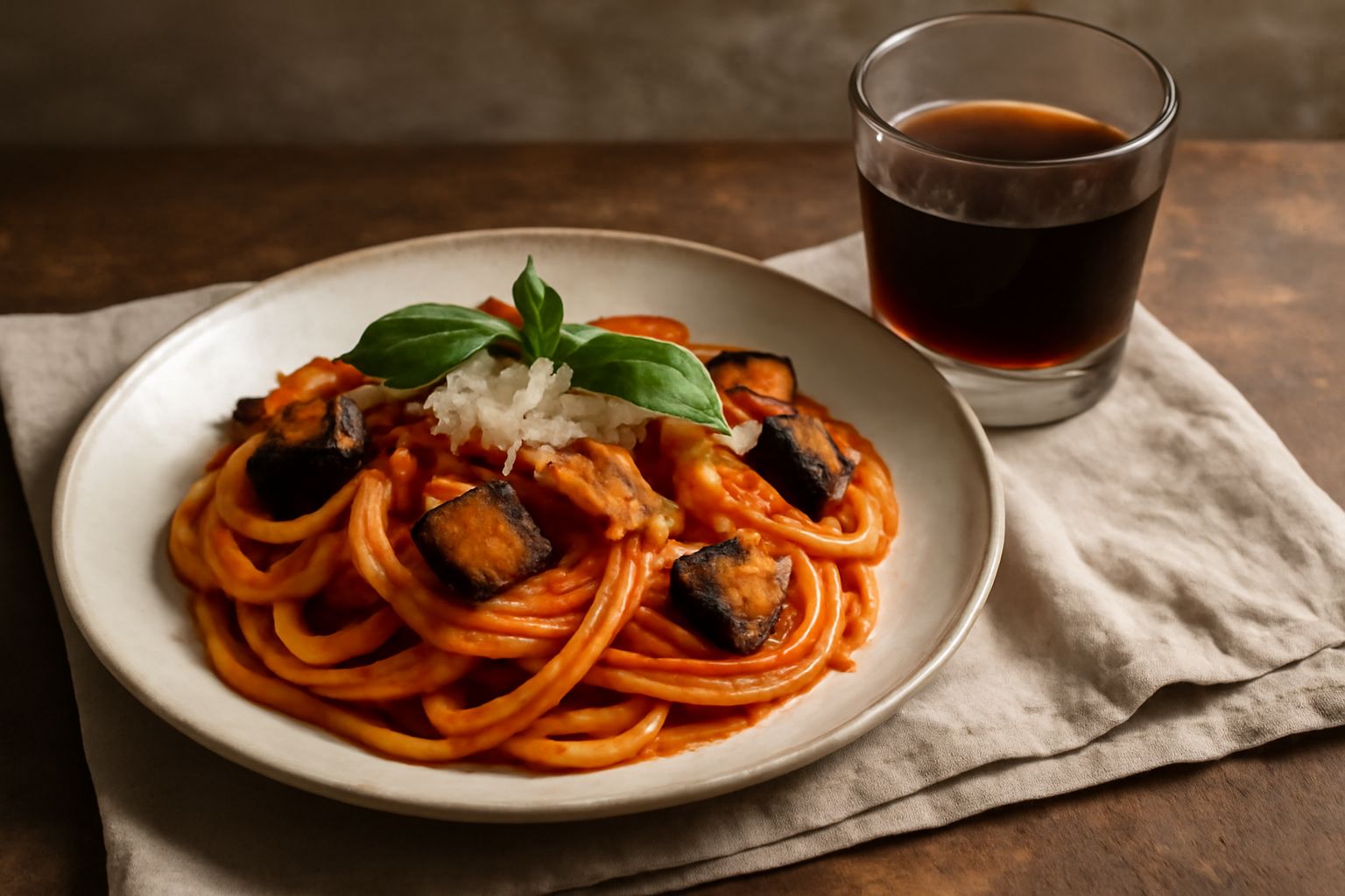 Bicchiere di Amaro Averna color ambra scuro servito su ghiaccio con una fetta di arancia, su un tavolo in legno accanto a bottiglie di vetro e erbe secche
