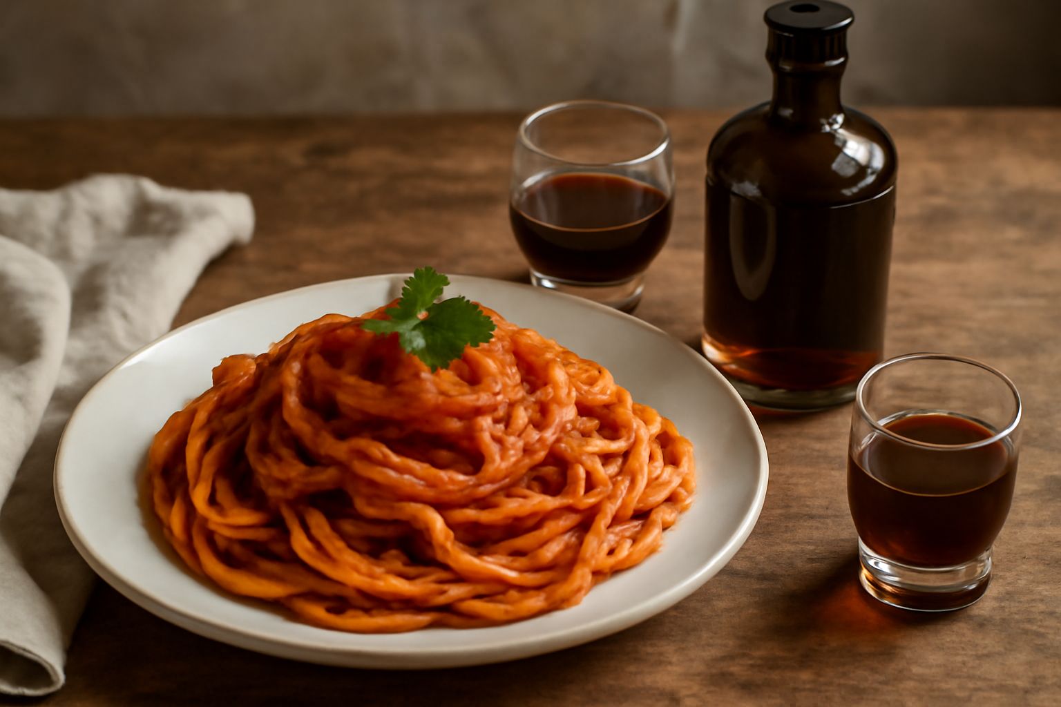 Bottiglia di vetro scuro contenente amaro calabrese color ambrato scuro, con erbe secche visibili sul fondo, accanto a un bicchierino trasparente con il liquore color marrone dorato