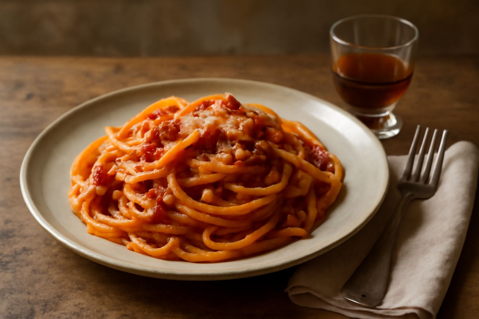Bottiglia di vetro scuro con liquore marrone ambrato, accanto a un bicchiere da liquore contenente l'amaro, con erbe essiccate sparse: menta, assenzio, radice di genziana, finocchiella
