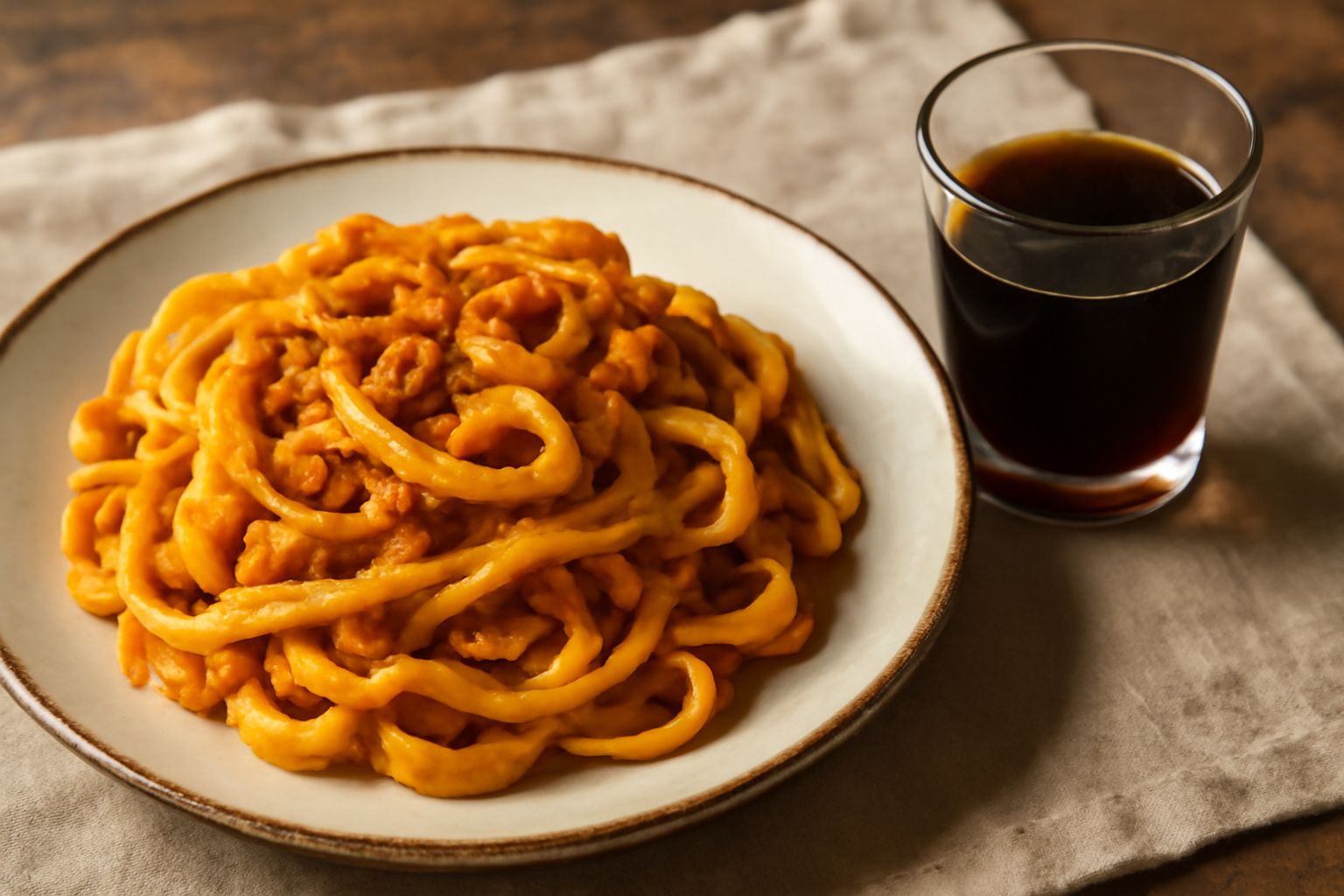 Bicchiere di cristallo con amaro color ambrato scuro, bottiglie di vetro scuro sullo sfondo, erbe aromatiche secche sparse sul tavolo di legno
