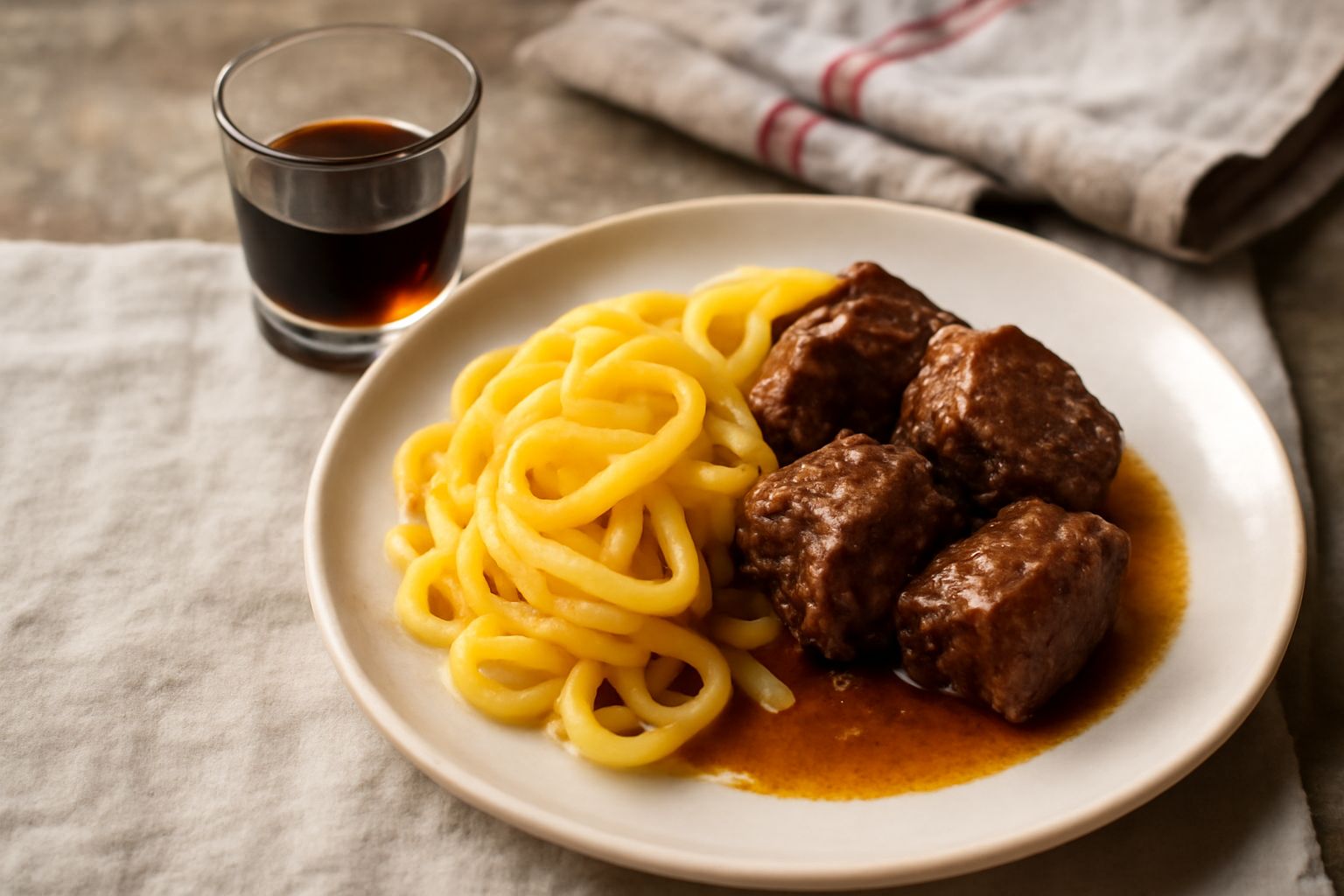 Bicchierino di vetro con amaro marrone scuro trasparente, collocato su tavolo di legno, accanto a rami di erbe aromatiche secche e una bottiglia di vetro scuro con tappo di sughero