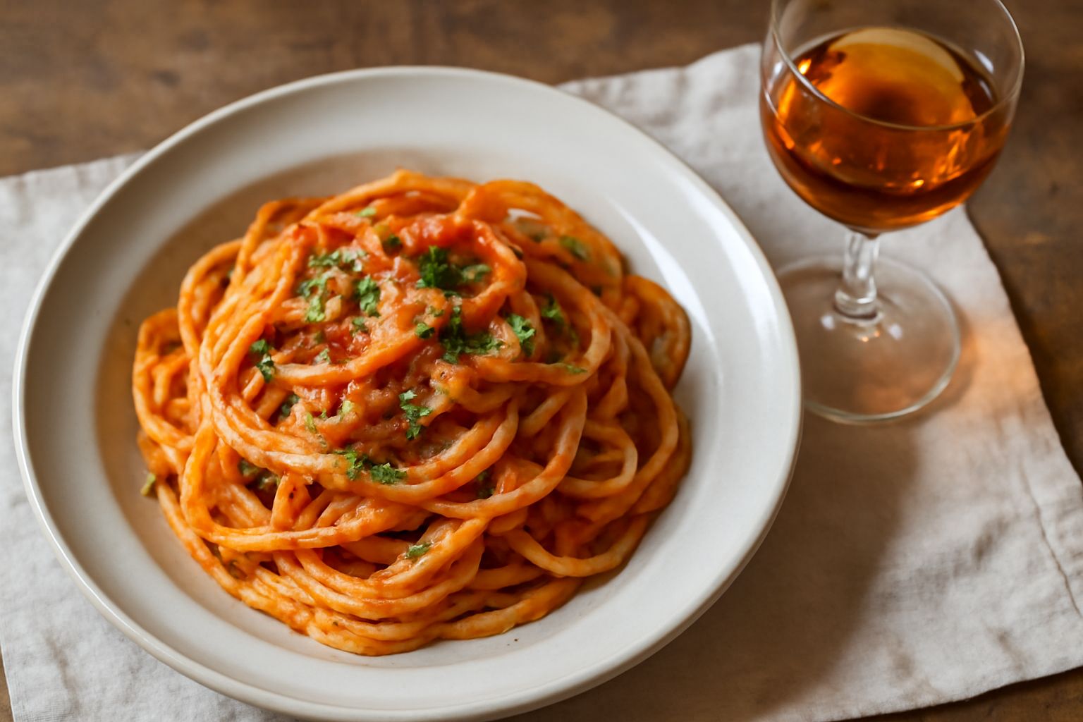 Bicchiere da liquore con amaro del Canavese dal colore ambrato scuro, servito a temperatura ambiente, con sfondo di bottiglie di vetro scuro e erbe secche sparse su tavolo in legno