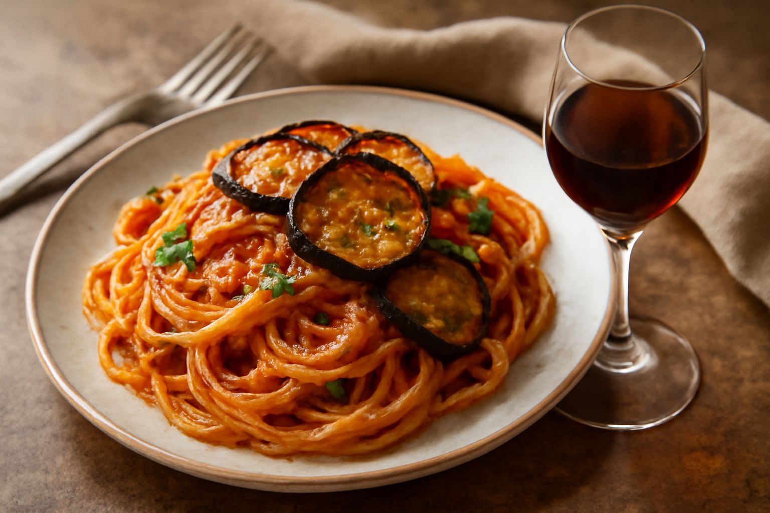 Bicchiere di cristallo con Amaro del Capo di colore bruno ambrato, servito a temperatura ambiente, con sfondo di bottiglia scura e erbe aromatiche secche sparse sul tavolo