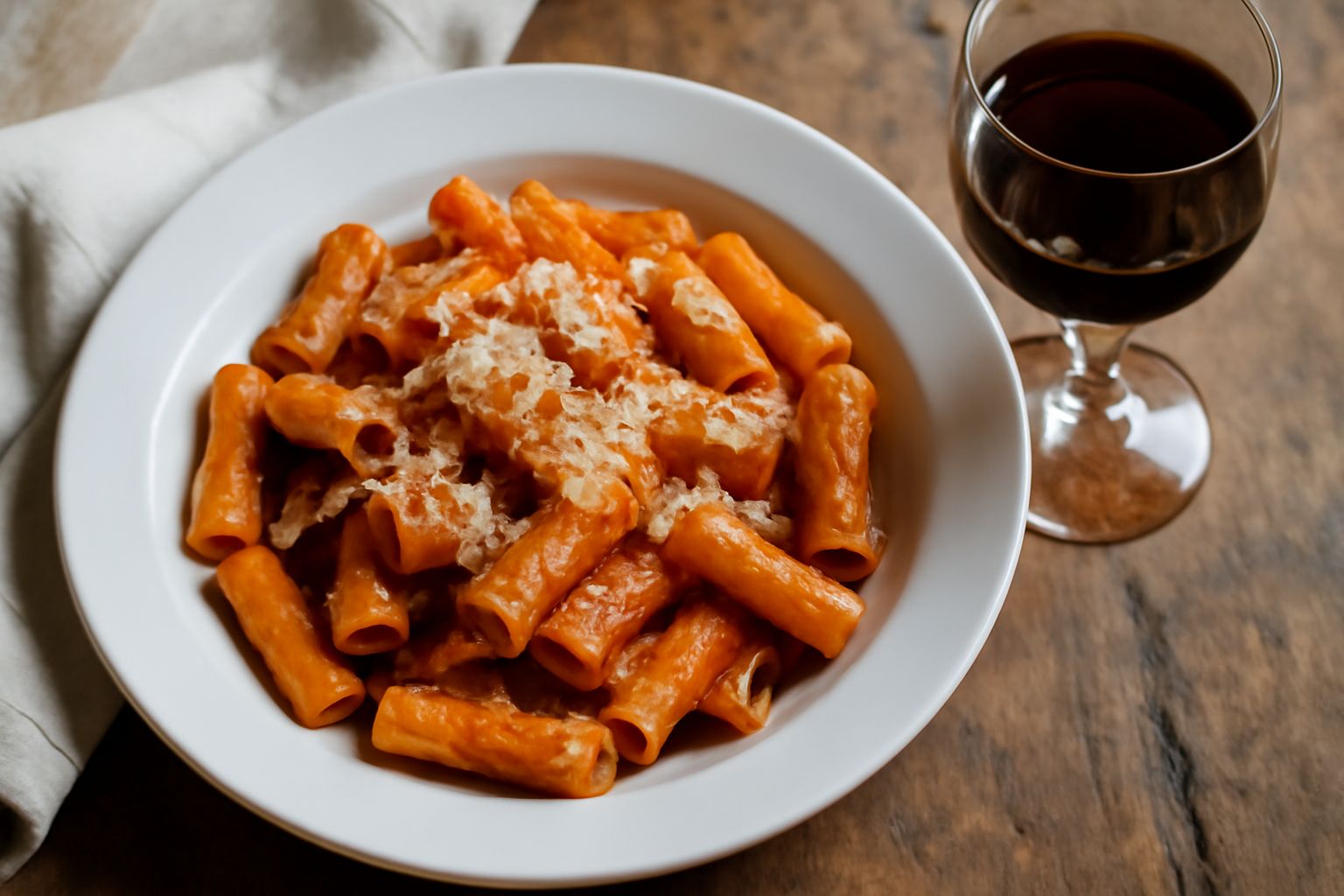 Bicchiere di cristallo con Amaro del Corso dal colore marrone scuro, servito a temperatura ambiente con sfondo di bottiglie di vetro trasparente e erbe aromatiche secche sparse sul tavolo di legno