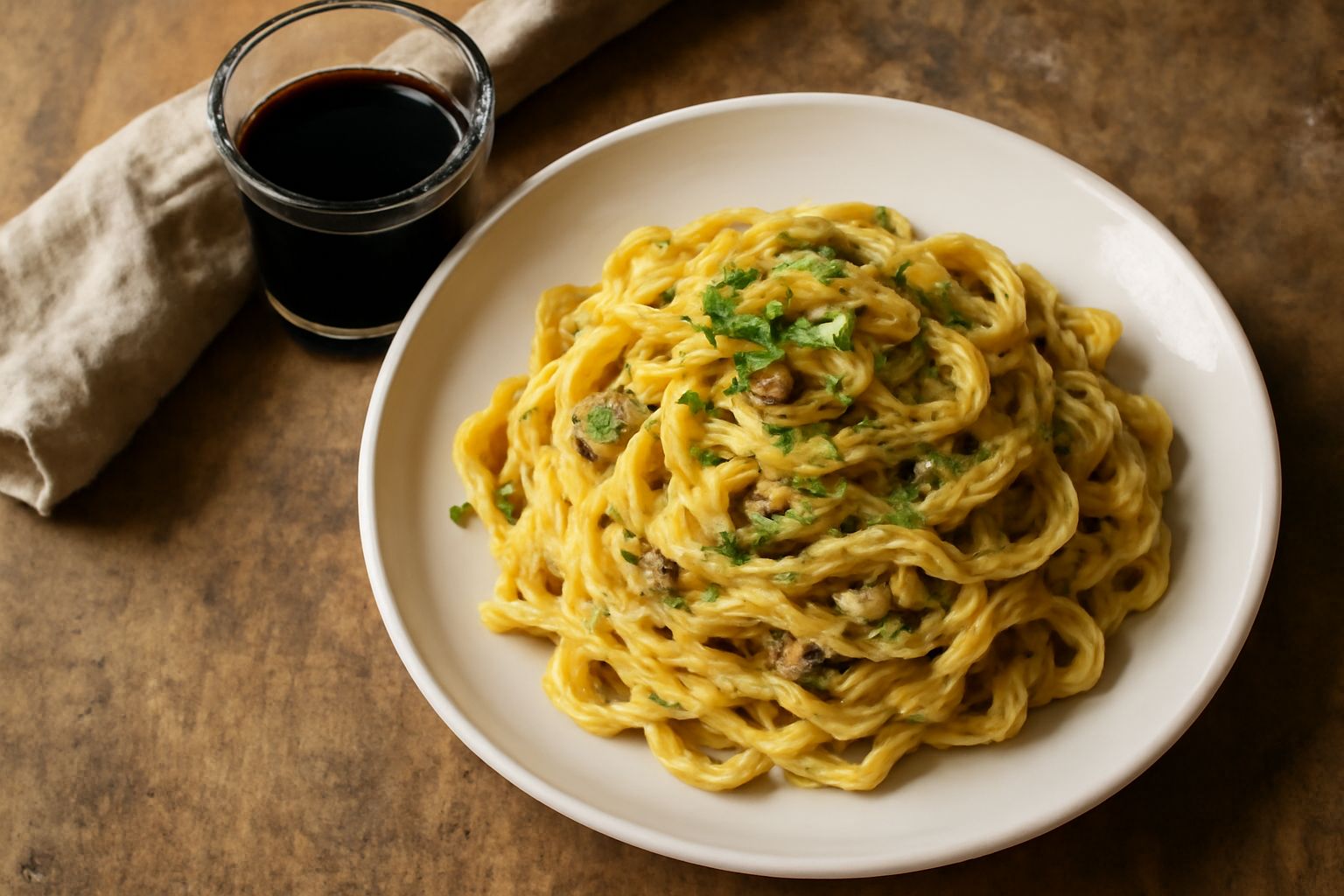 Bicchierino di vetro trasparente con Amaro del Fermano di colore marrone scuro, su tavolo di legno con accanto bottiglie di vetro scuro, erbe secche e rametti di rosmarino