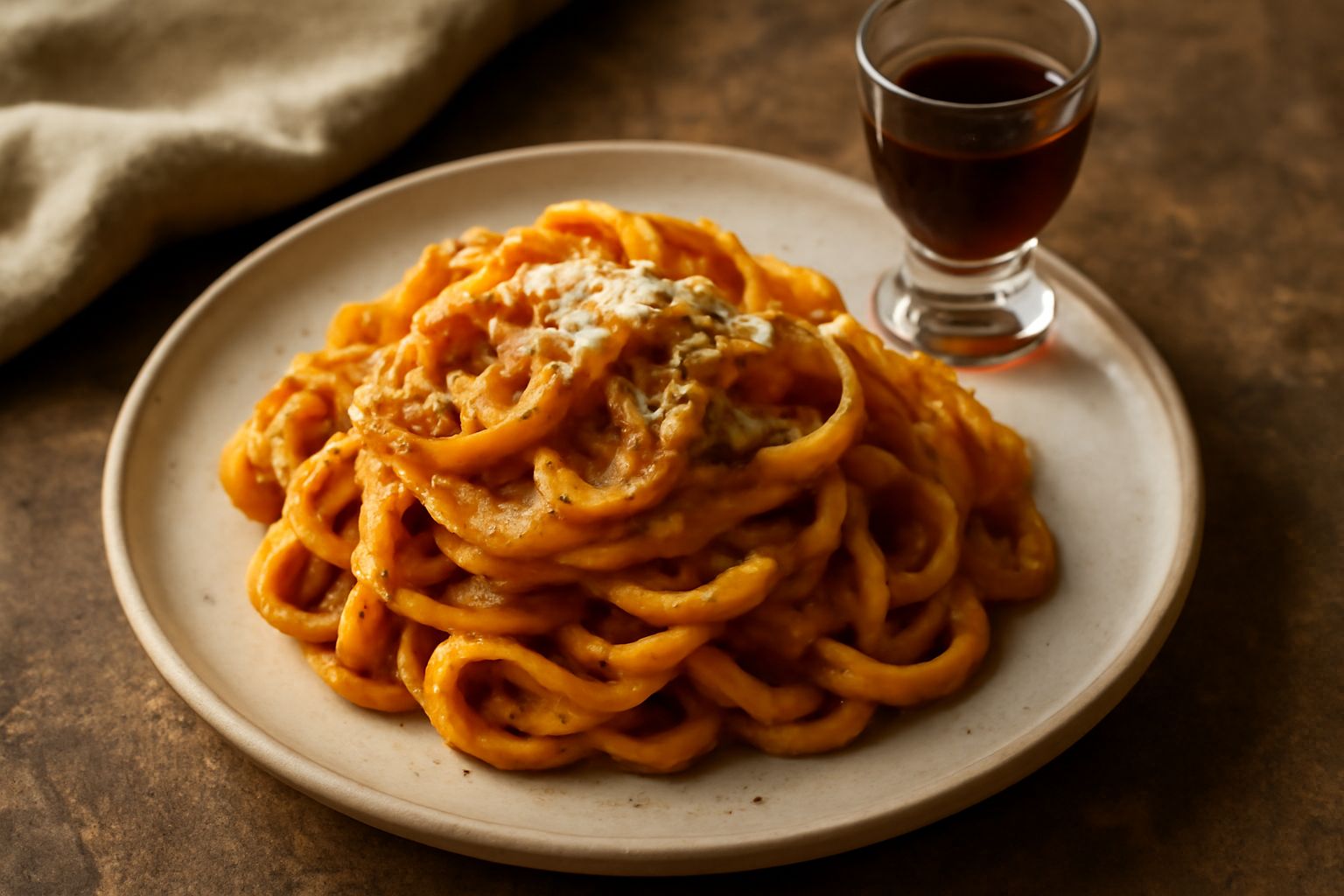 Amaro del Gran Sasso color ambra scuro in bottiglia di vetro trasparente, con erbe aromatiche secche sul fondo e un bicchierino trasparente accanto mezzo pieno del liquore