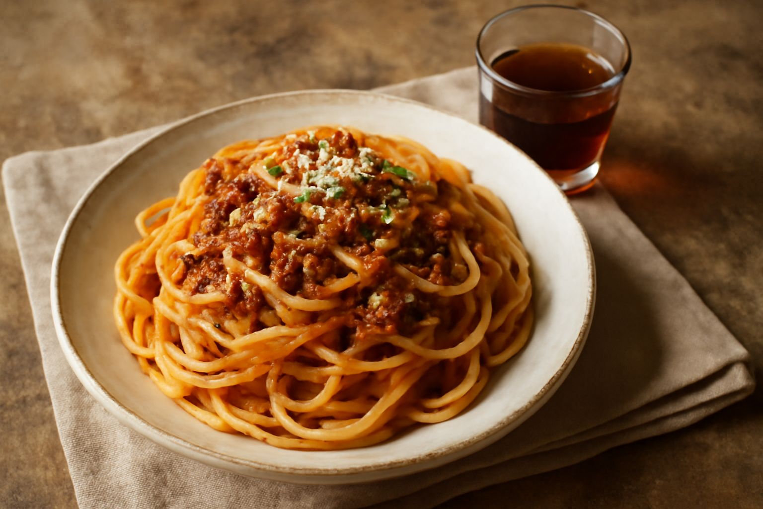 Bicchiere di amaro scuro e trasparente, quasi marrone ambrato, versato su ghiaccio, accanto a una bottiglia di vetro scuro e rametti secchi di erbe aromatiche su tavolo di legno