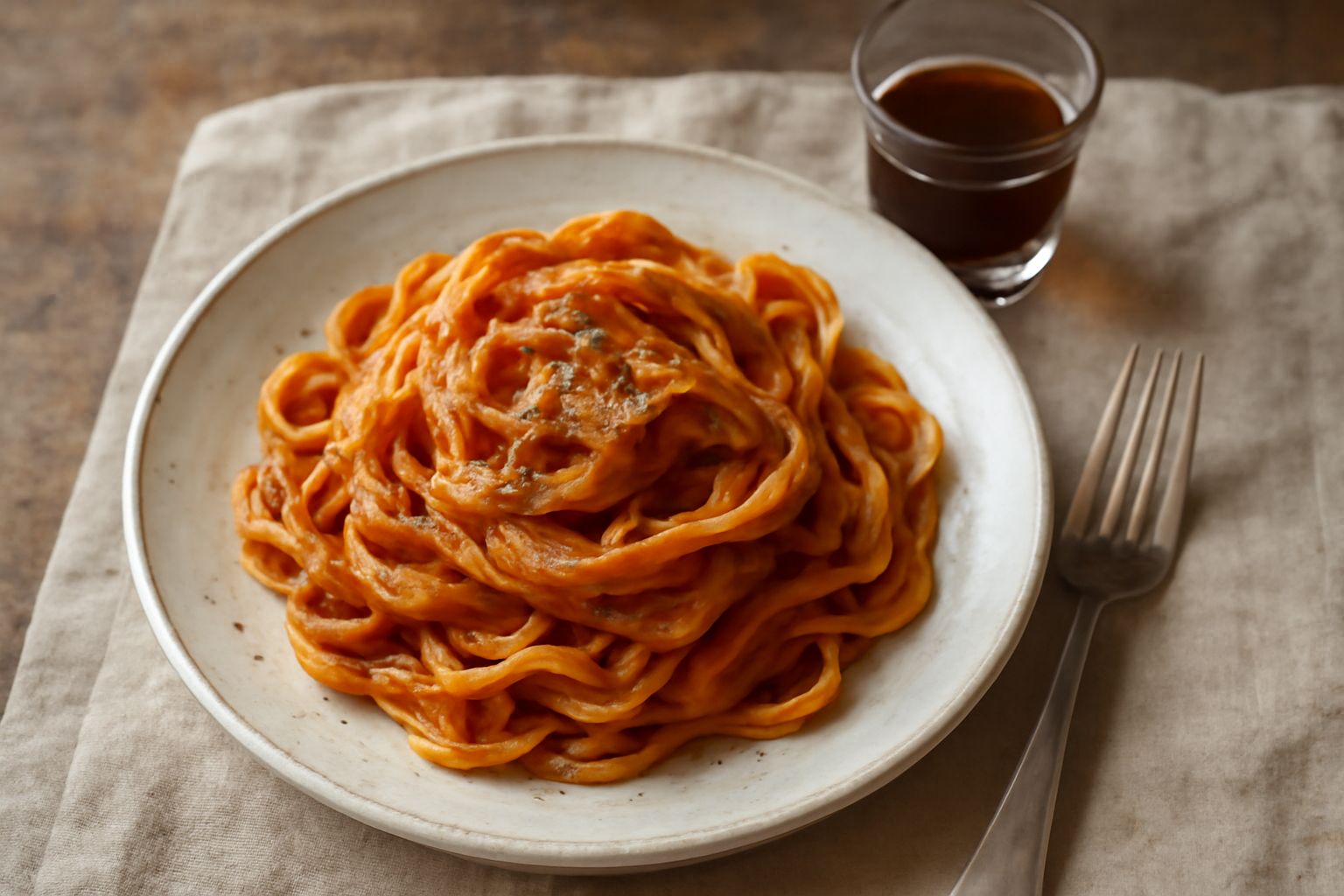 Bicchierino di vetro trasparente pieno di liquore amaro color marrone scuro con riflessi dorati, accanto a un ramo di erbe aromatiche fresche su un tavolo di legno