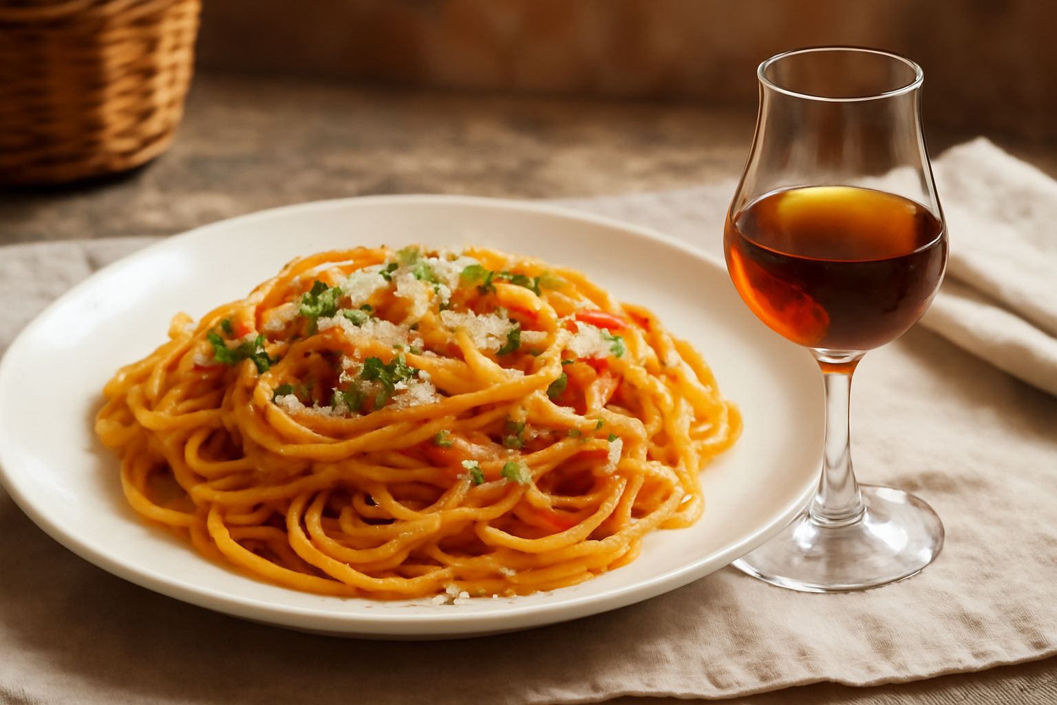 Bicchiere di amaro color ambra scuro con riflessi dorati, contornato da rametti di erbe secche, una bottiglia di vetro scuro sullo sfondo e una piccola ciotola di erbe aromatiche fresche sulla tavola