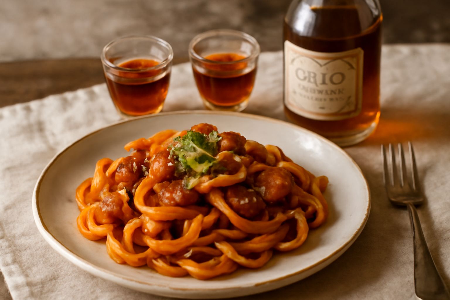 Bicchiere di cristallo trasparente con Amaro della Regina dal colore ambrato dorato, servito a temperatura ambiente, con sfondo di erbe aromatiche secche e una bottiglia di vetro scuro in secondo pian