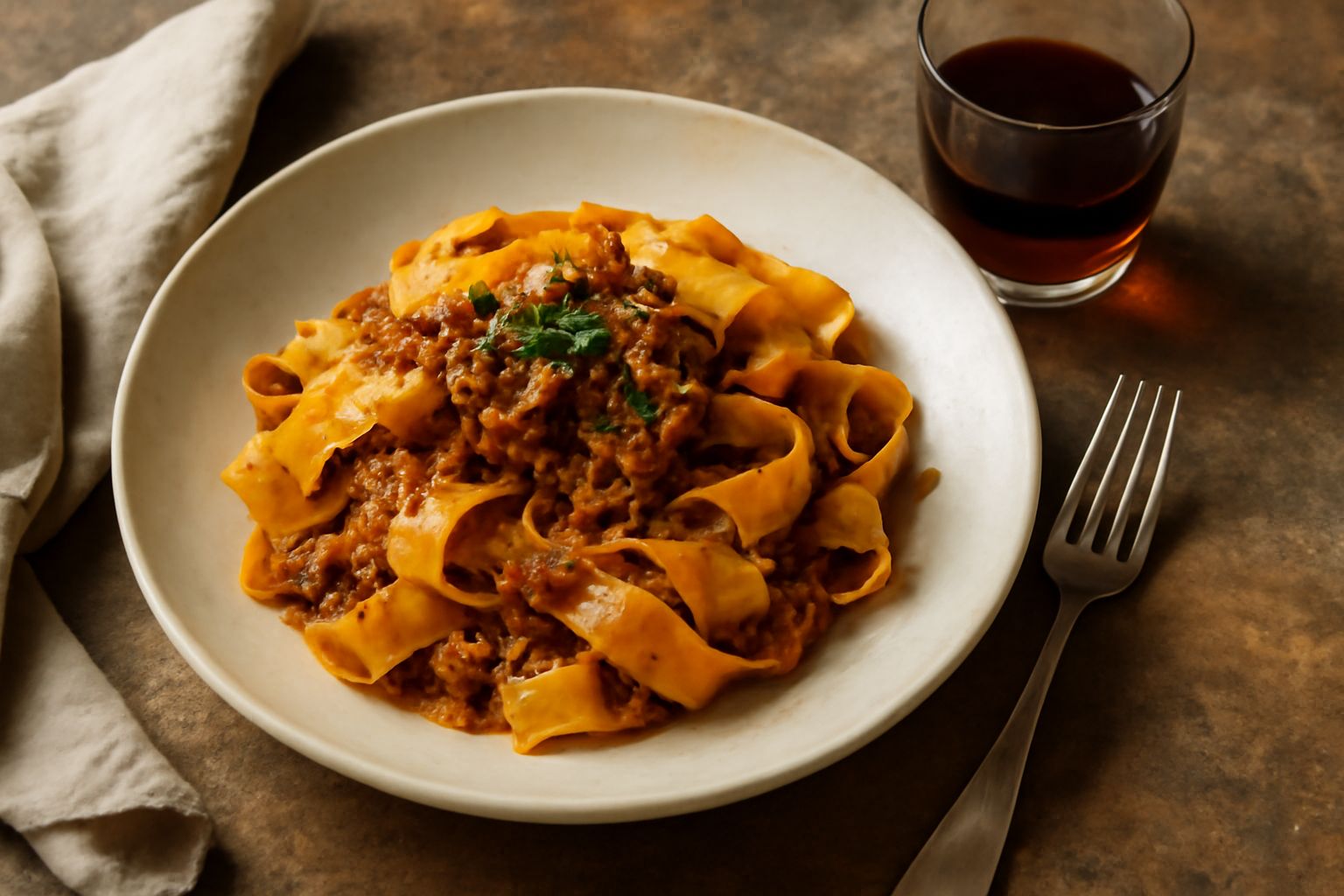 Bicchiere di cristallo con amaro scuro ambrato, leggermente torbido, accompagnato da rametti di erbe secche e radici su sfondo di legno naturale
