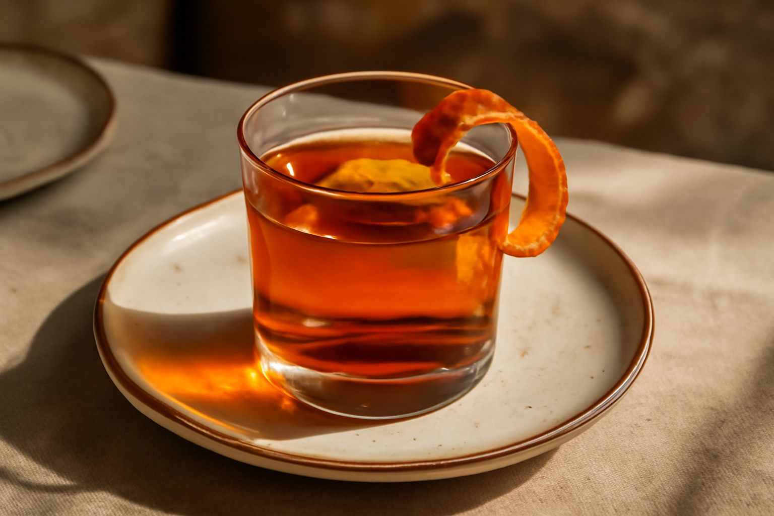 Bicchiere basso con amaro di arancio dal colore ambrato intenso, scorza d'arancia arricciata sul bordo, bottiglia di vetro scuro sullo sfondo contenente il liquore, luce diffusa da finestra