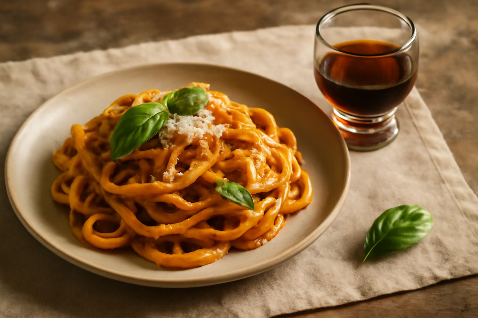 Bicchiere di cristallo con amaro scuro dal colore ambrato, servito dopo cena su tavolo di legno, accanto a bottiglia scura di vetro con etichetta bianca e erbe secche alpine sparse